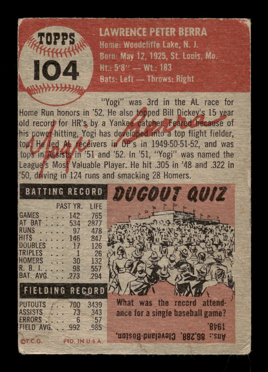 1953 Topps #104a Yogi Berra New York Yankees G/VG MM26014007