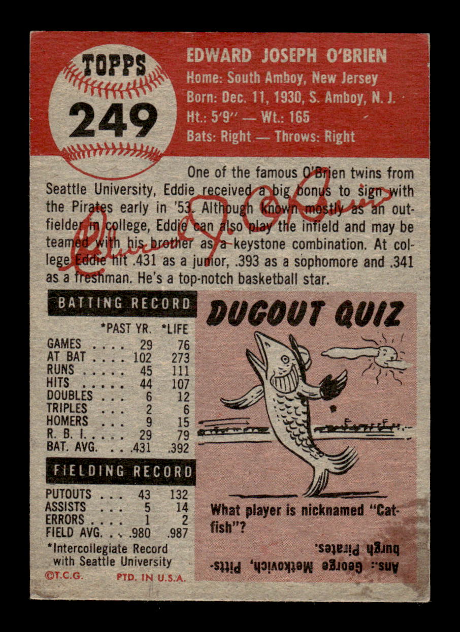 1953 Topps #249 Eddie O'Brien Pittsburgh Pirates VG MM26014011