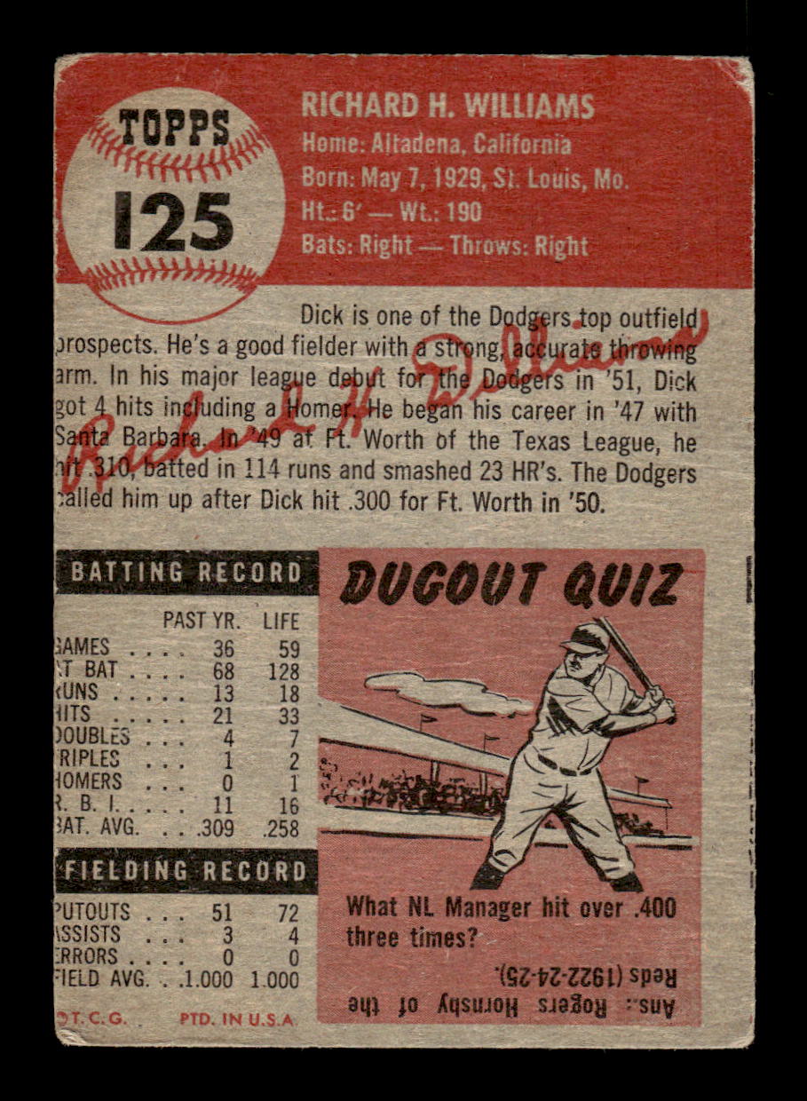 1953 Topps #125a Dick Williams Brooklyn Dodgers G/VG MM26014014