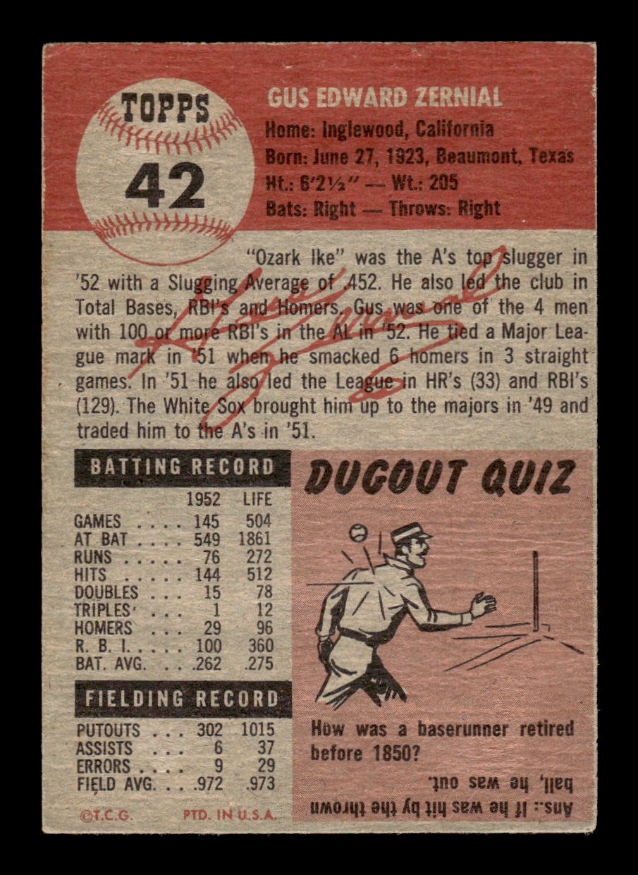 1953 Topps #42 Gus Zernial Philadelphia Athletics VG MM26014018