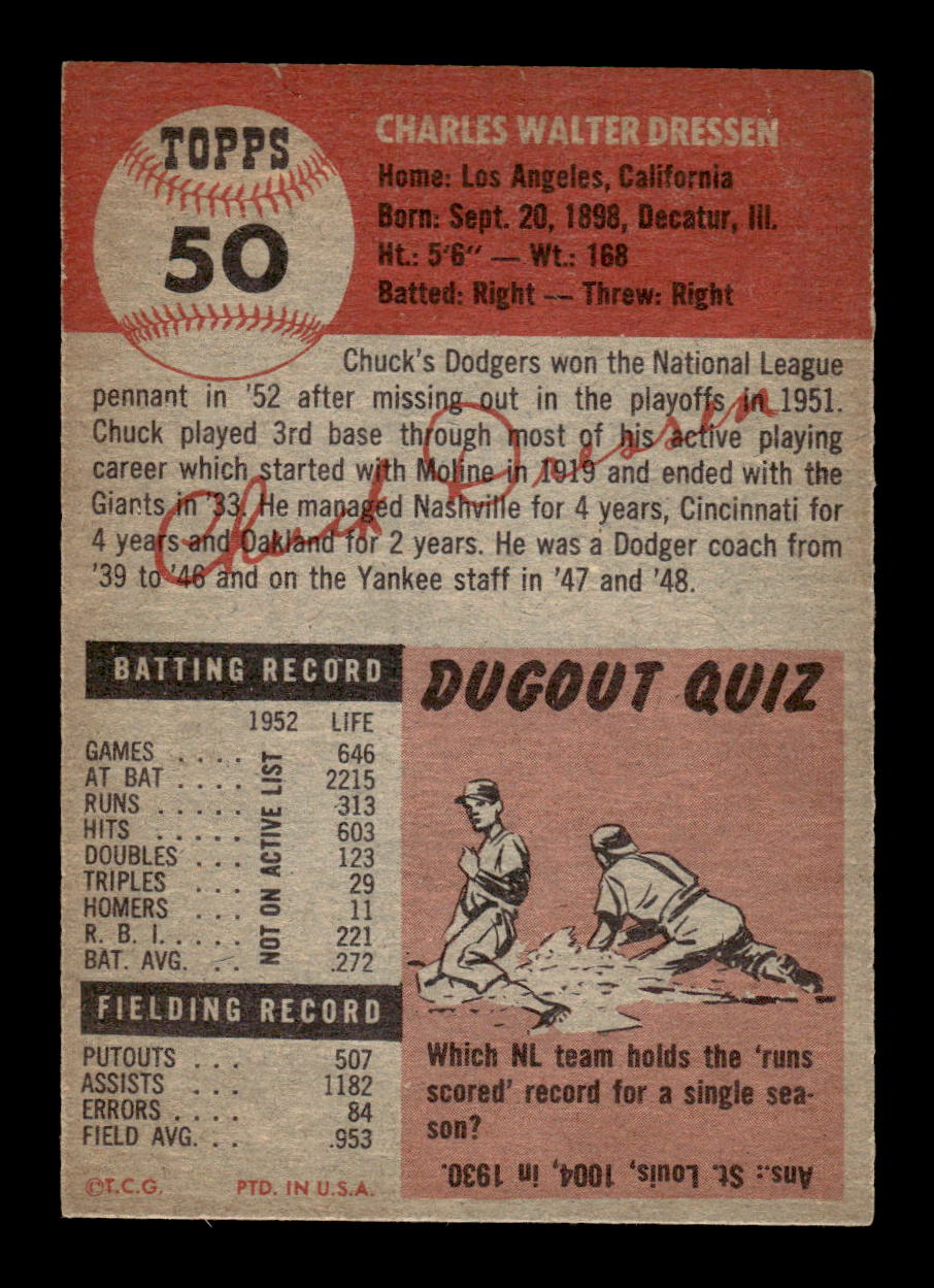 1953 Topps #50 Chuck Dressen Brooklyn Dodgers VGEX MM26014019