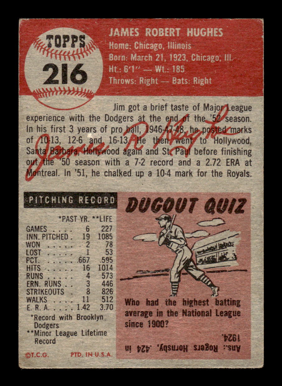1953 Topps #216 Jim Hughes Brooklyn Dodgers VG MM26014026