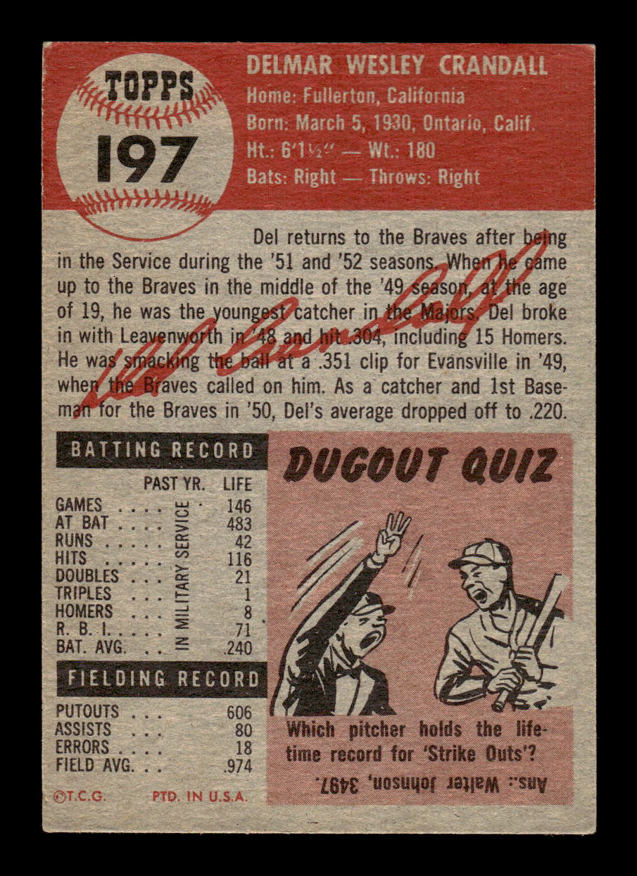 1953 Topps #197 Del Crandall Milwaukee Braves VGEX MM26014029