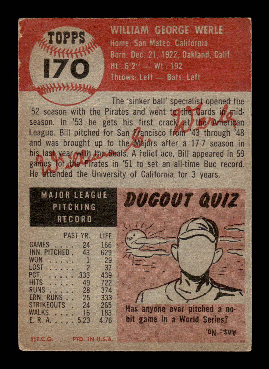 1953 Topps #170 Bill Werle Boston Red Sox VG MM26014032
