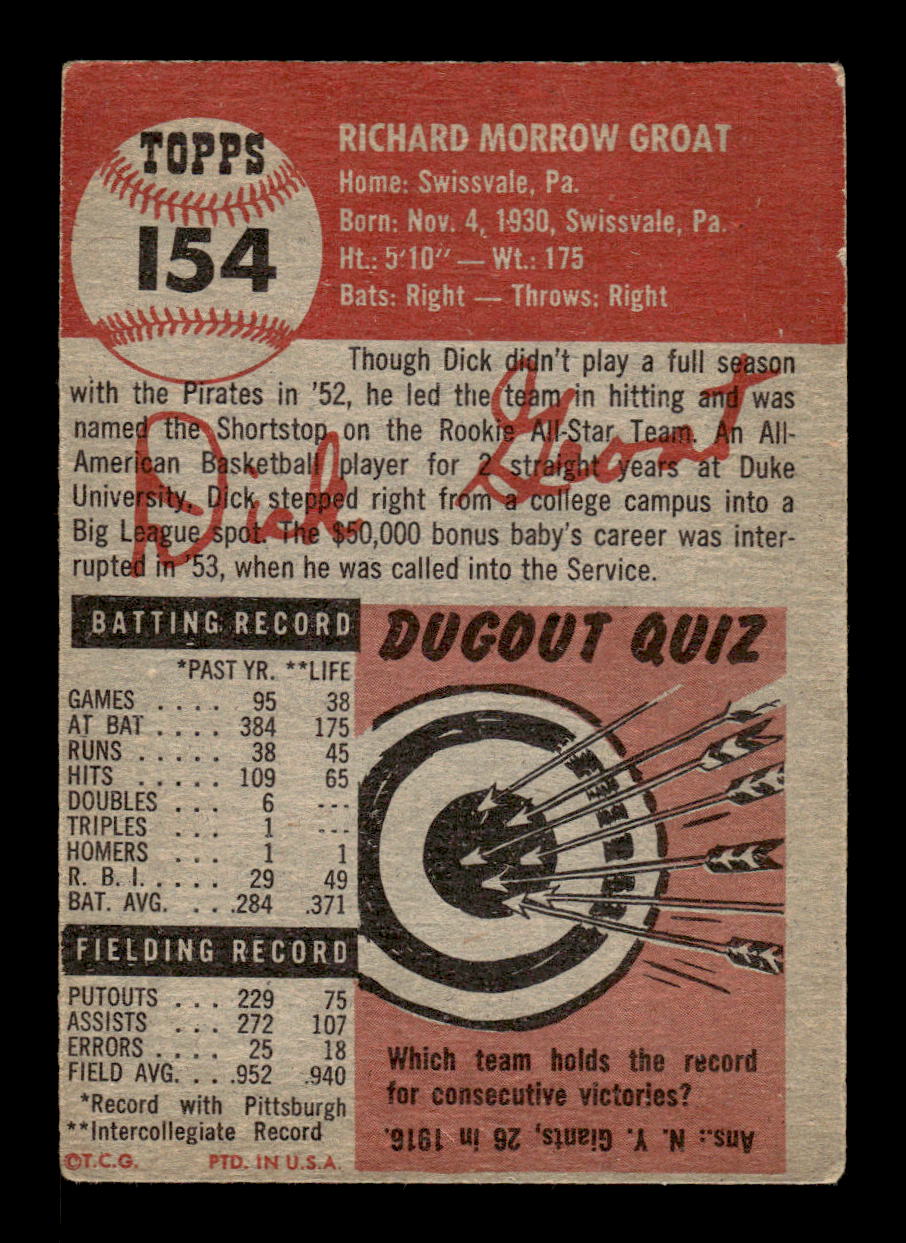 1953 Topps #154b Dick Groat Pittsburgh Pirates VG MM26014037