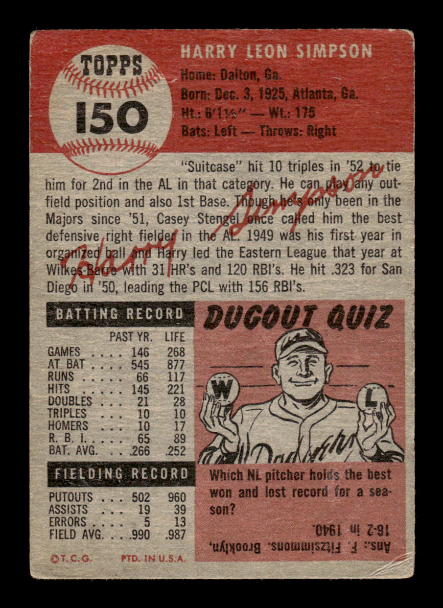 1953 Topps #150a Harry Simpson Cleveland Indians FAIR MM26014038