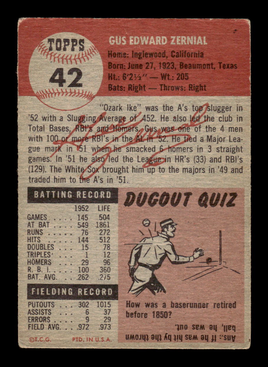 1953 Topps #42 Gus Zernial Philadelphia Athletics VG MM26014049