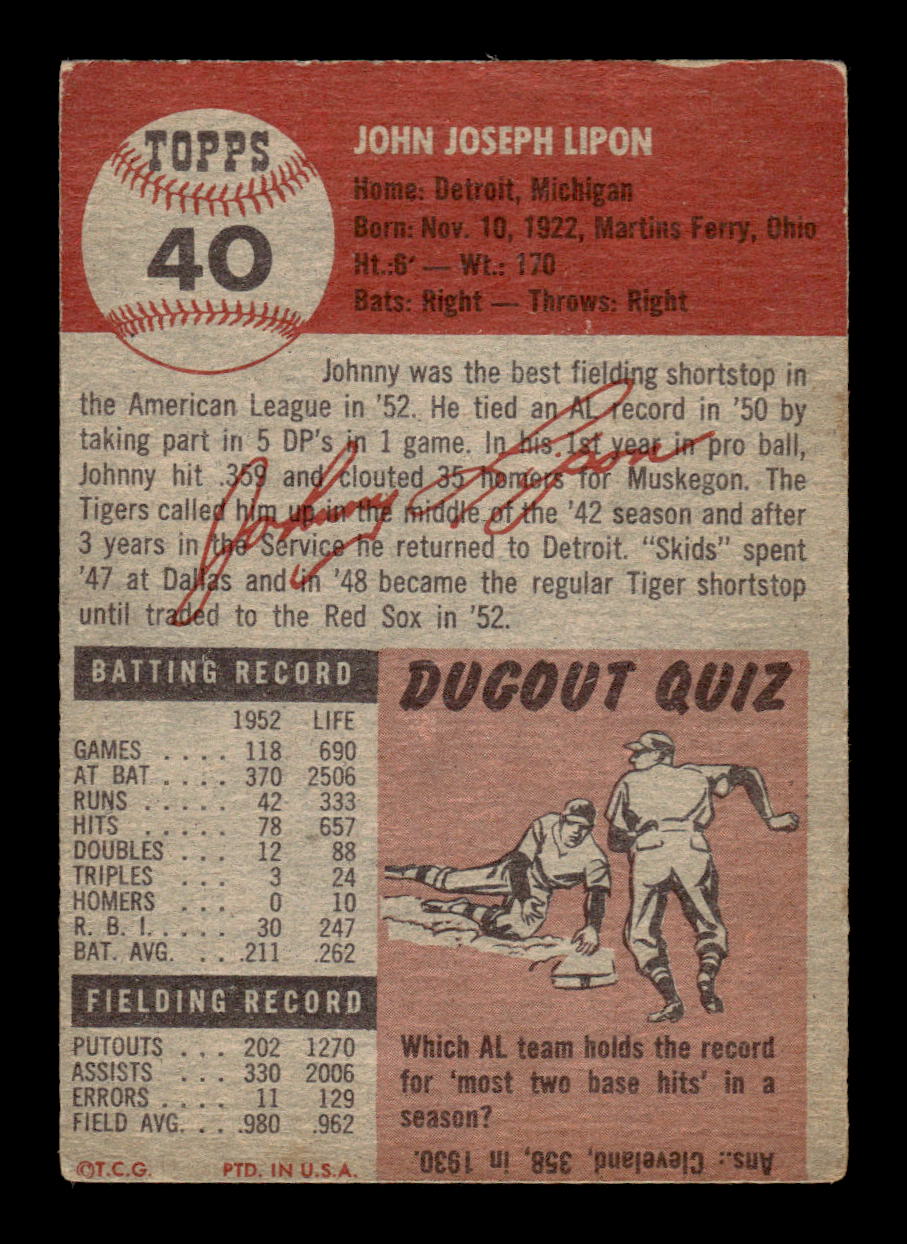 1953 Topps #40 Johnny Lipon Boston Red Sox VG MM26014050