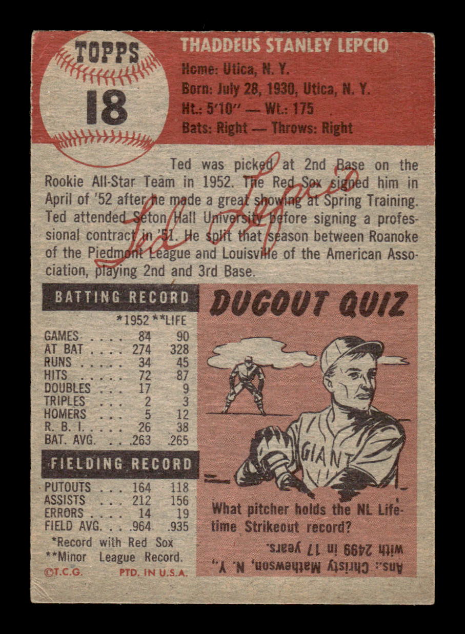 1953 Topps #18 Ted Lepcio Boston Red Sox VG MM26014052