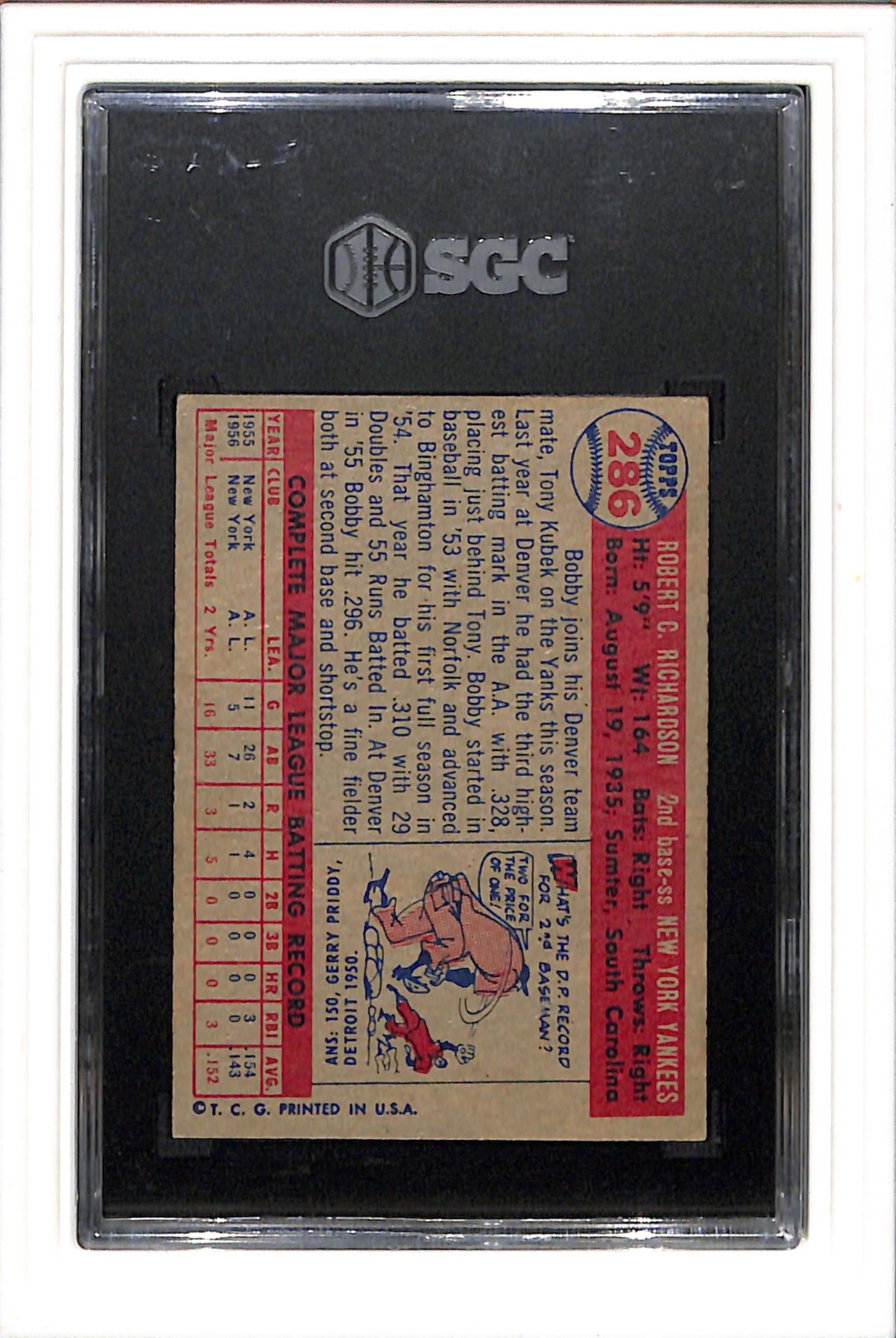 1957 Topps #286 Bobby Richardson SGC 6.5 SN 3384778