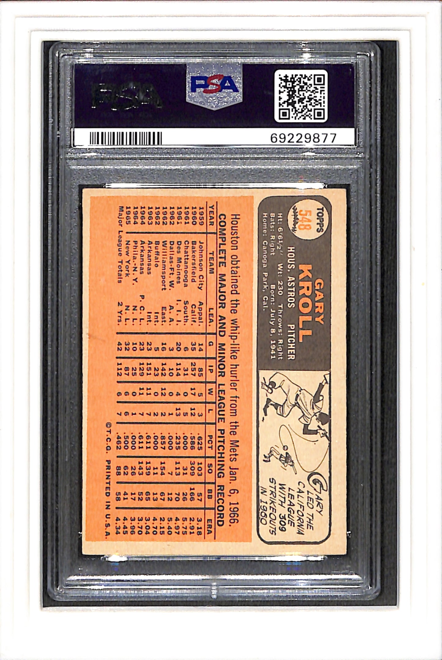 1966 Topps #548 Gary Kroll PSA 4 SN 69229877