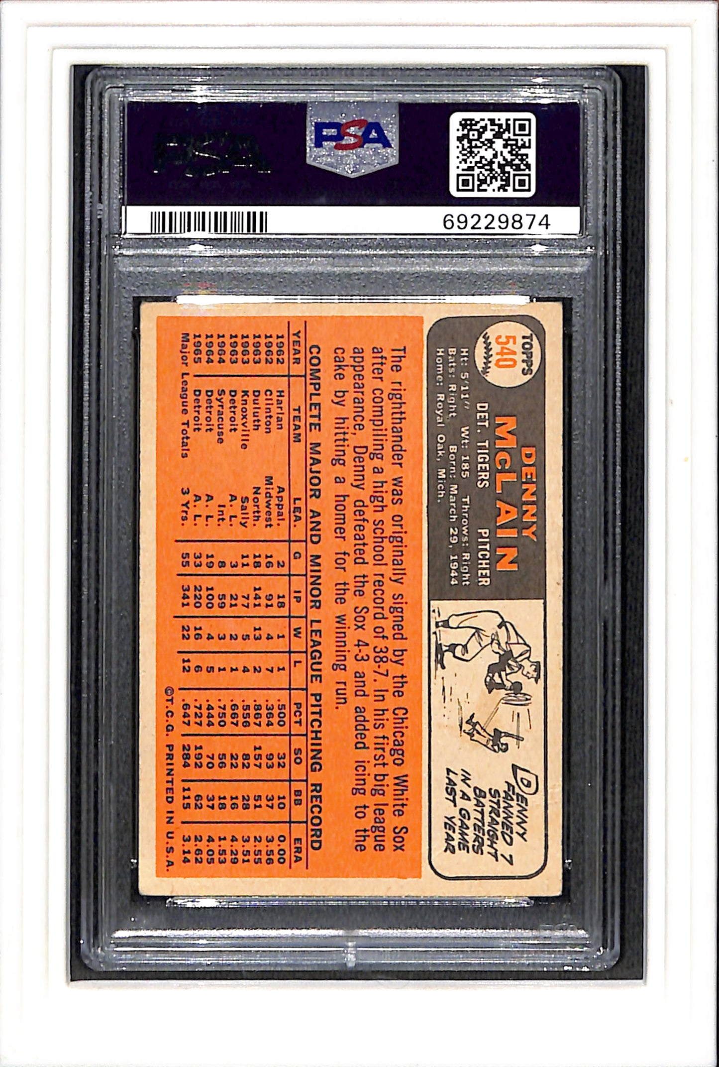 1966 Topps #540 Denny Mclain PSA 2 SN 69229874