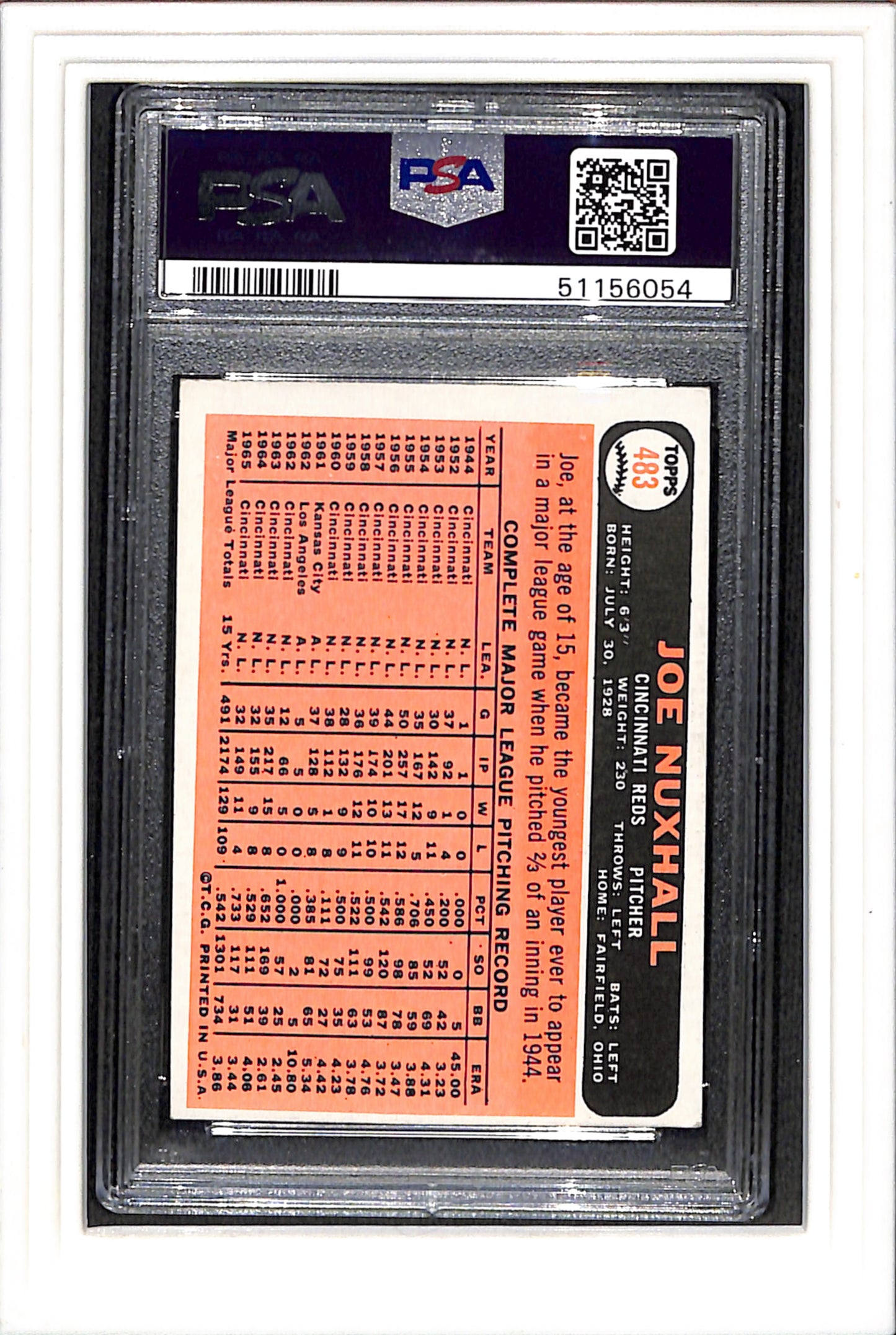1966 Topps #483 Joe Nuxhall PSA 4 SN 51156054