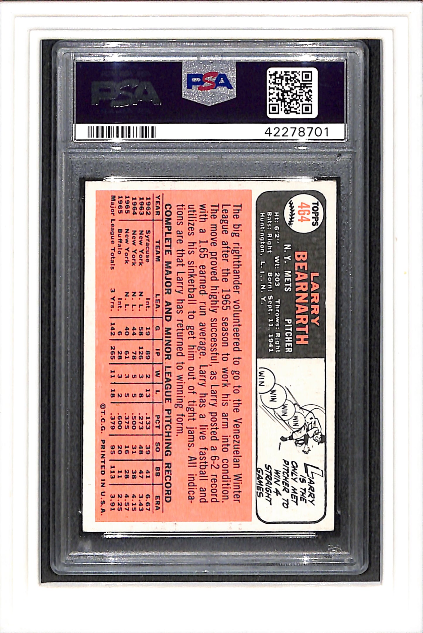1966 Topps #464 Larry Bearnarth PSA 4 SN 42278701