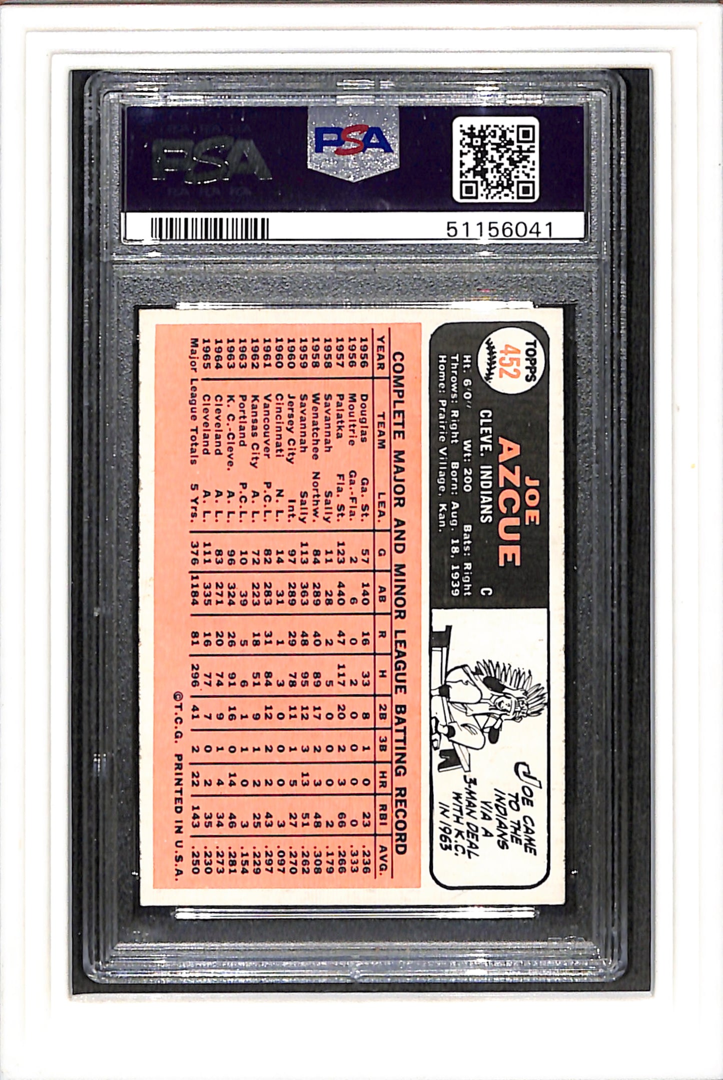 1966 Topps #452 Joe Azcue PSA 4 SN 51156041