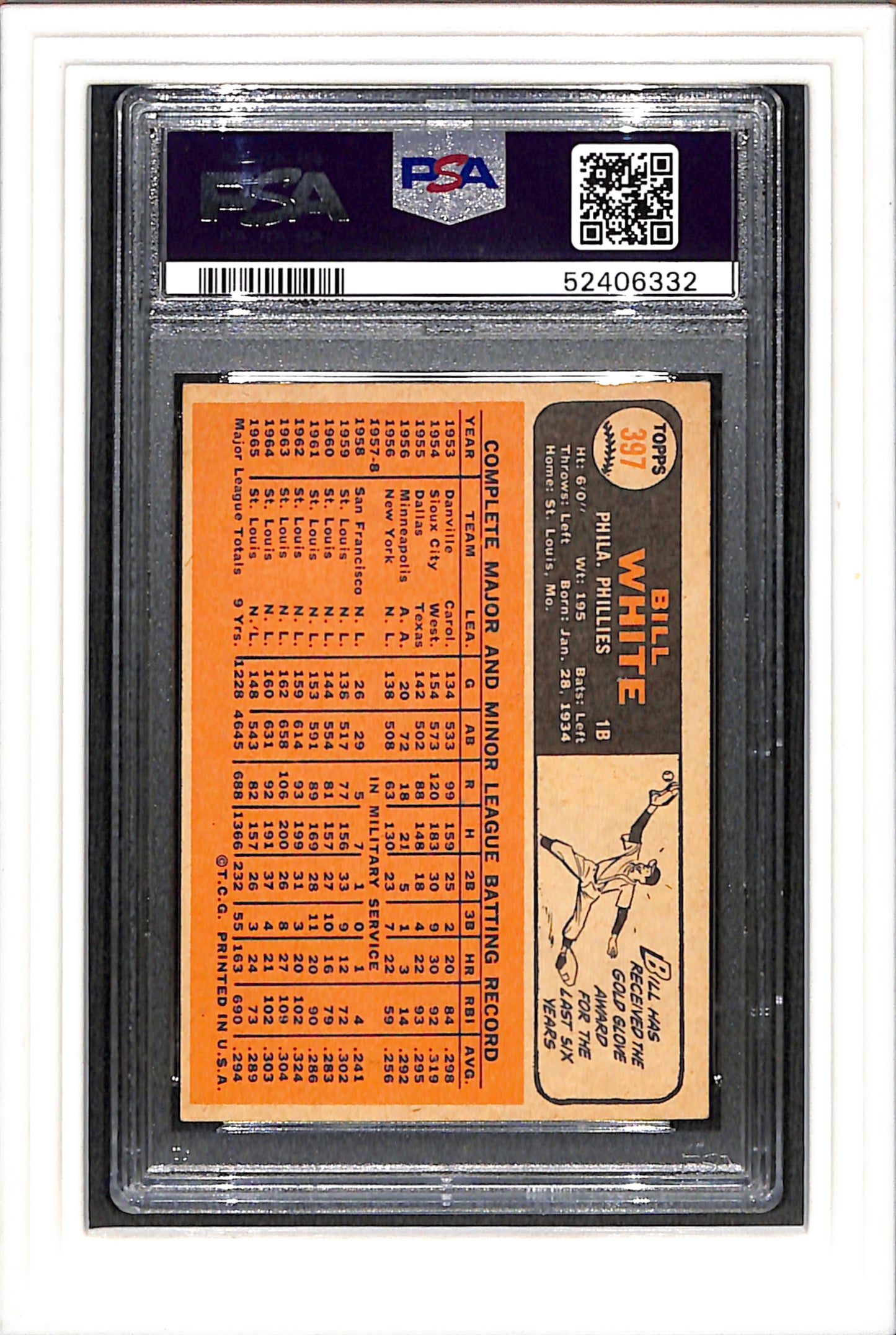 1966 Topps #397 Bill White PSA 4 SN 52406332