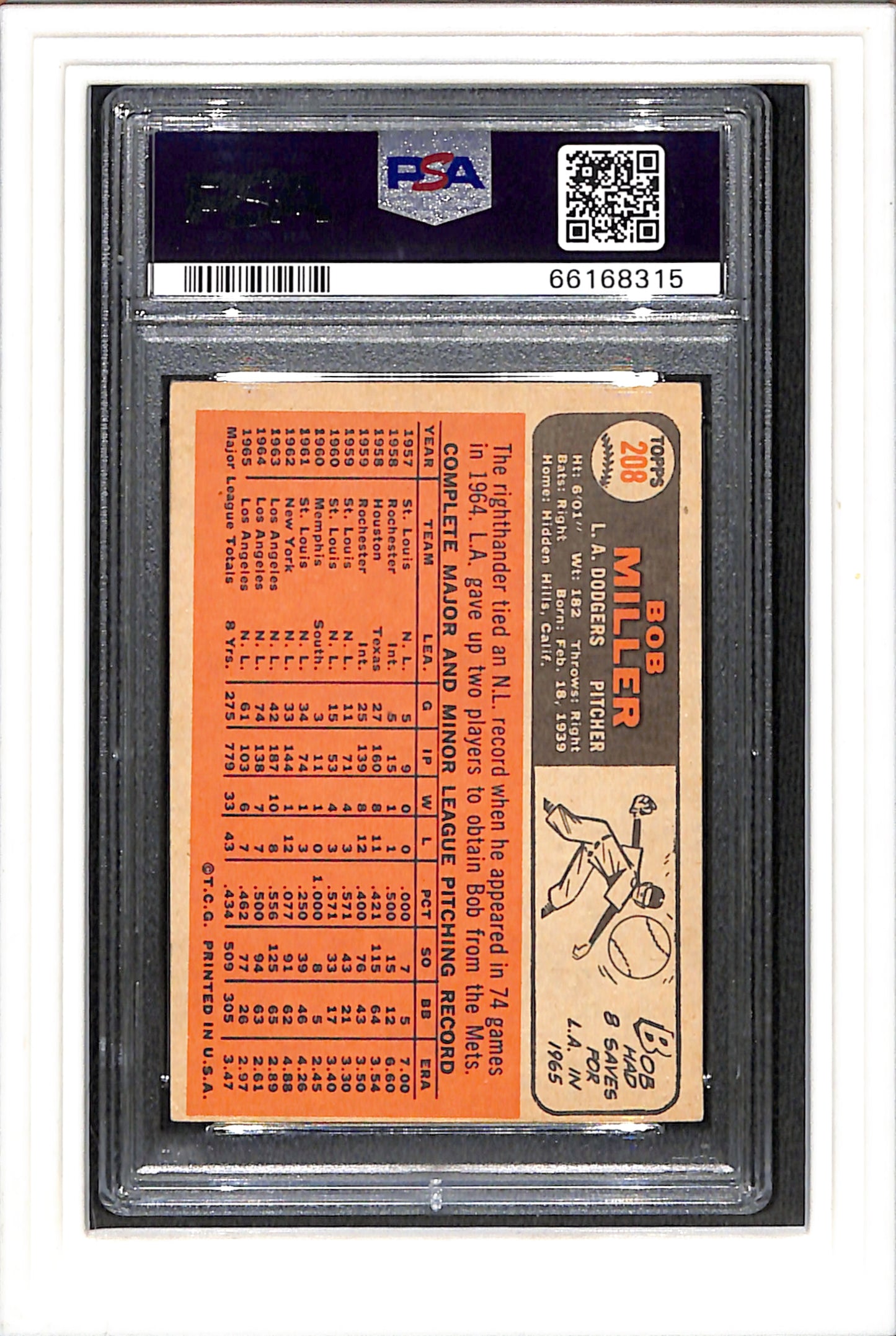 1966 Topps #208 Bob Miller PSA 4 SN 66168315