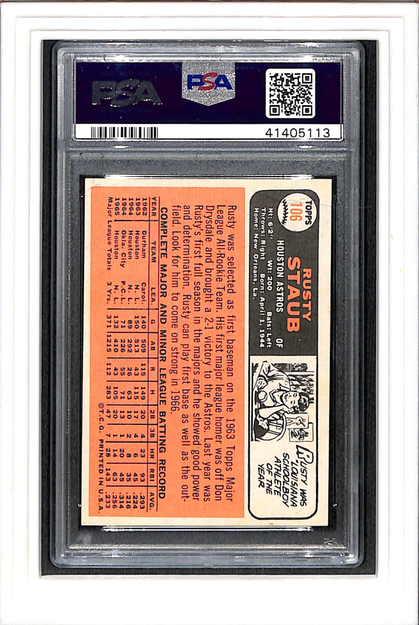 1966 Topps #106 Rusty Staub PSA 4 SN 41405113