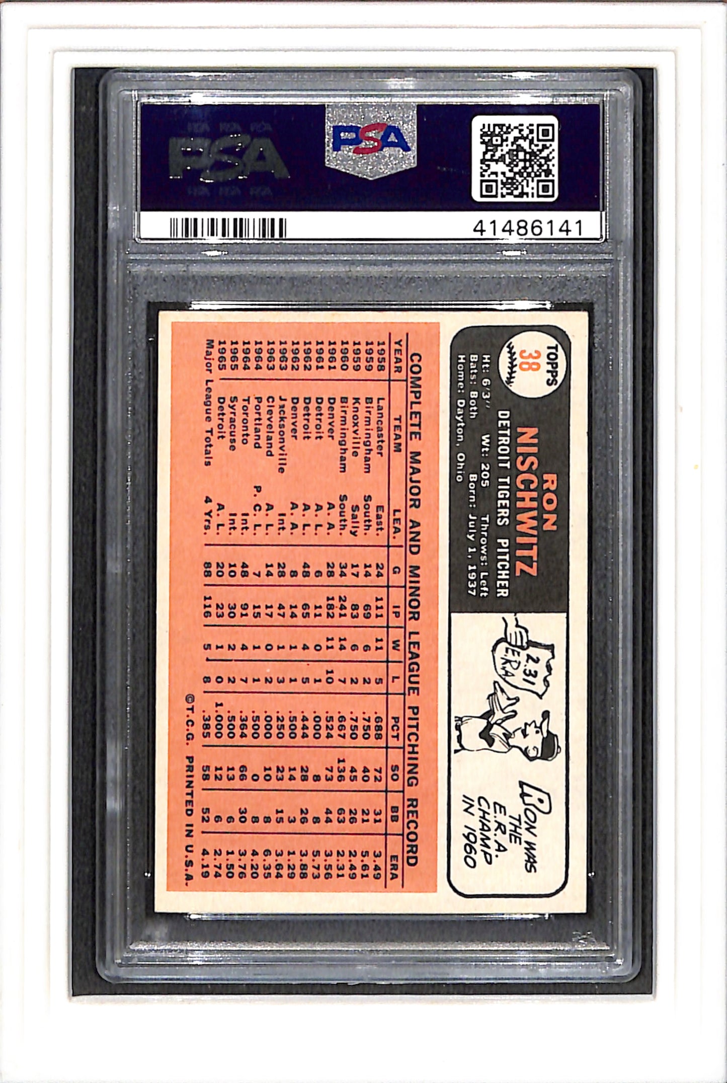 1966 Topps #38 Ron Nischwitz PSA 4 SN 41486141