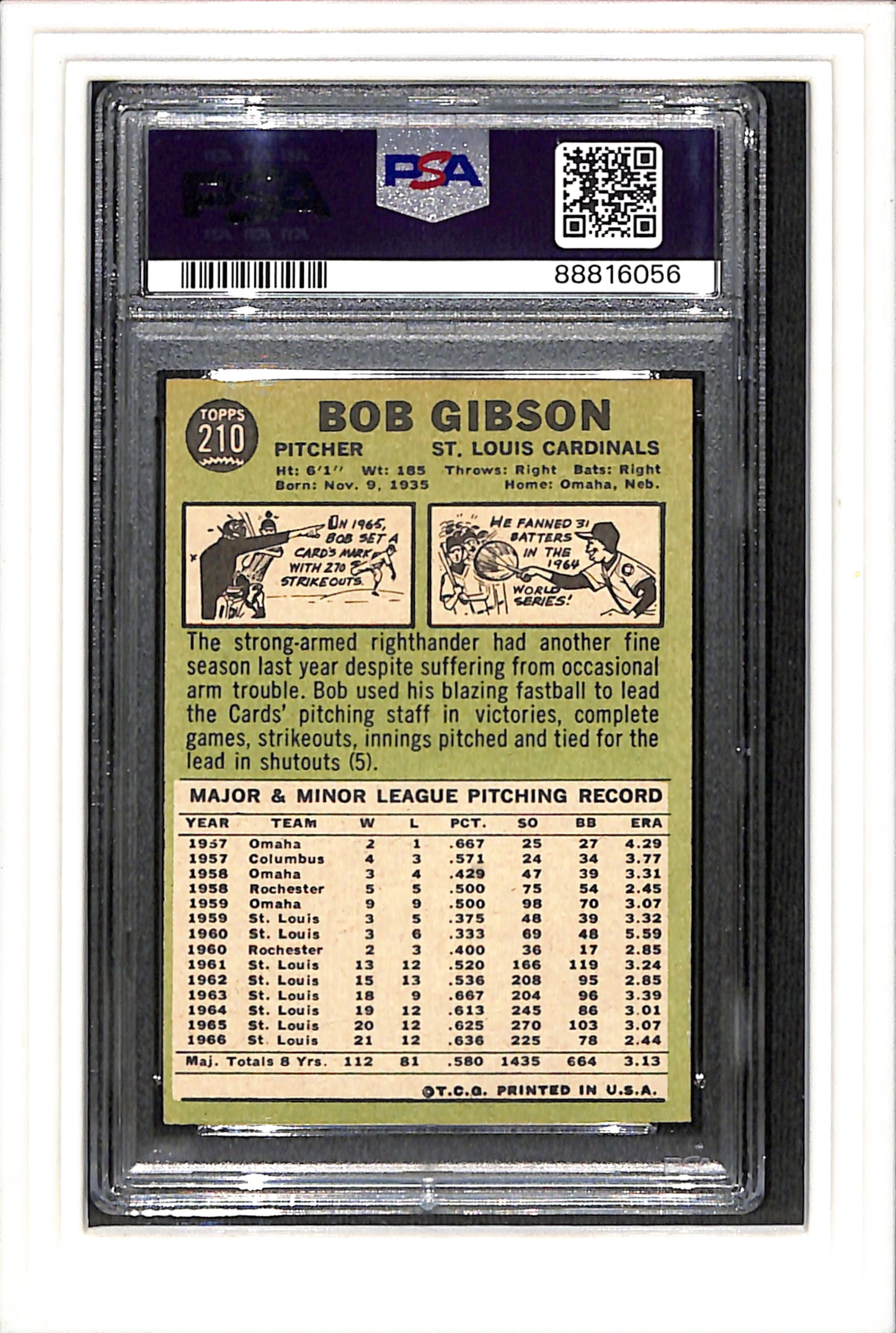 1967 Topps #210 Bob Gibson PSA 3 SN 88816056