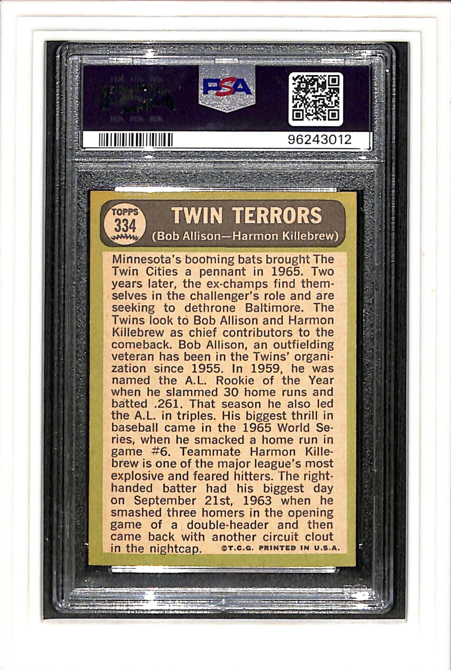 1967 Topps #334 Twin Terrors B.Allison/H.Killebrew PSA 4 SN 96243012