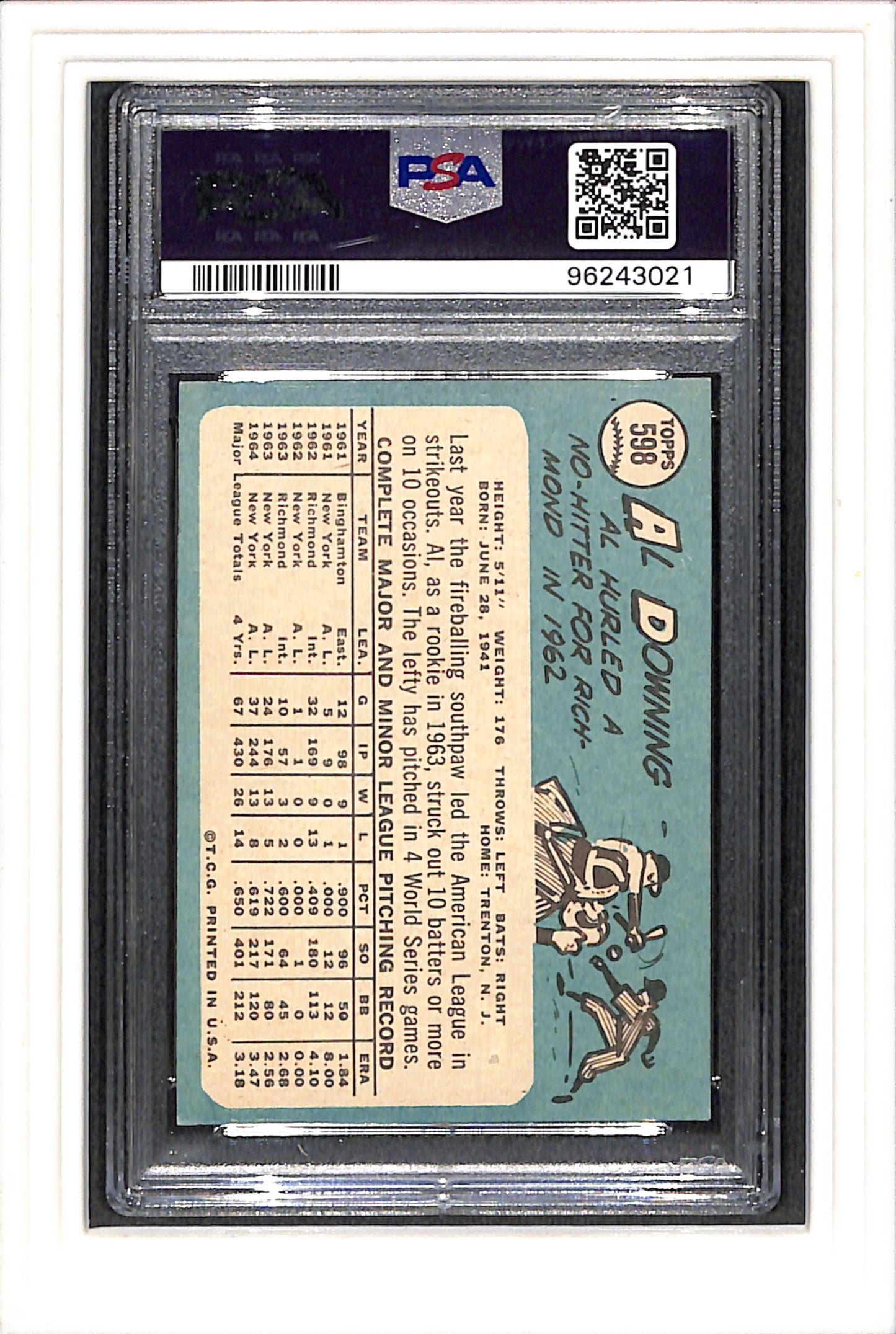 1965 Topps #598 Al Downing PSA 2 SN 96243021