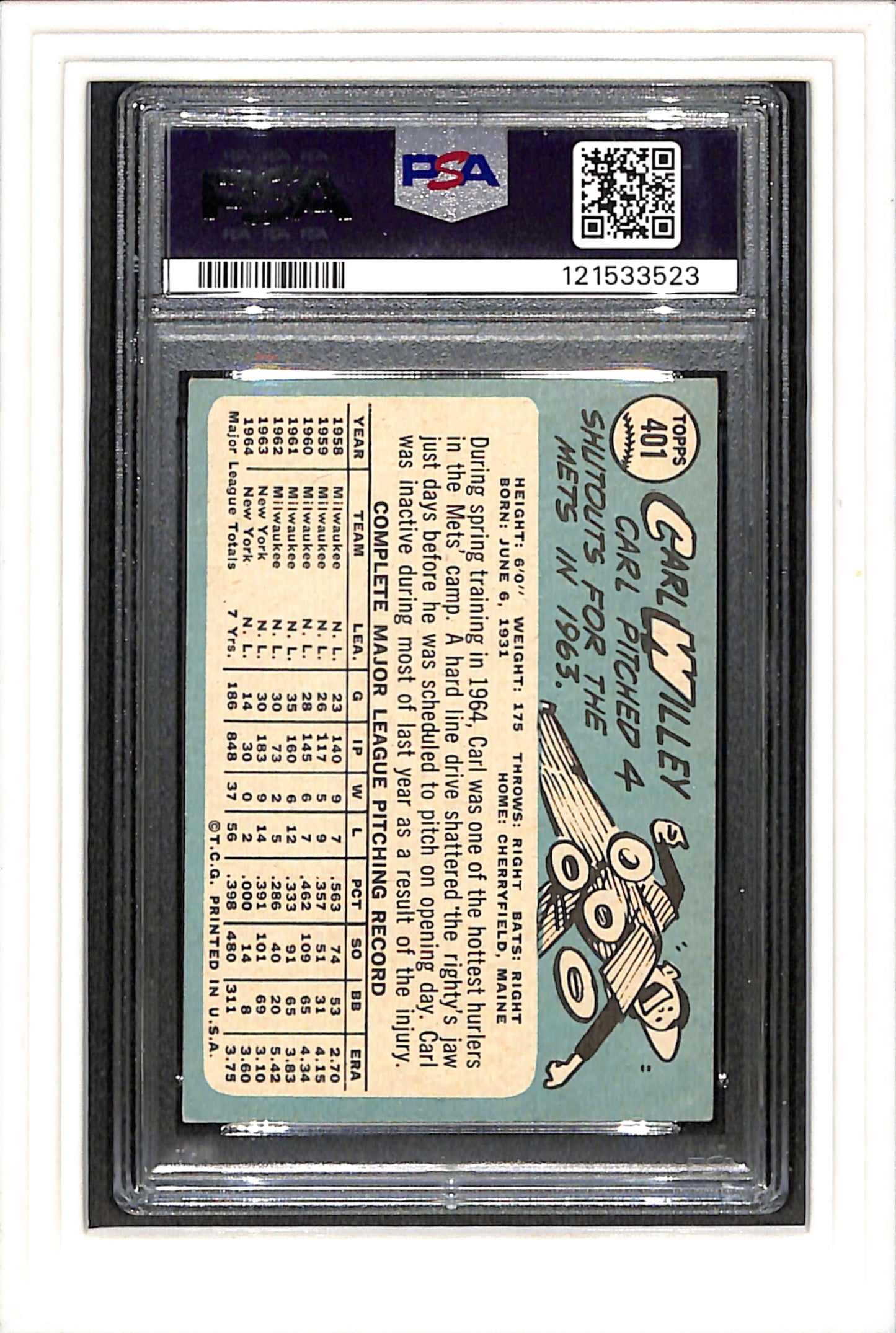 1965 Topps #401 Carl Willey PSA 4 SN 121533523
