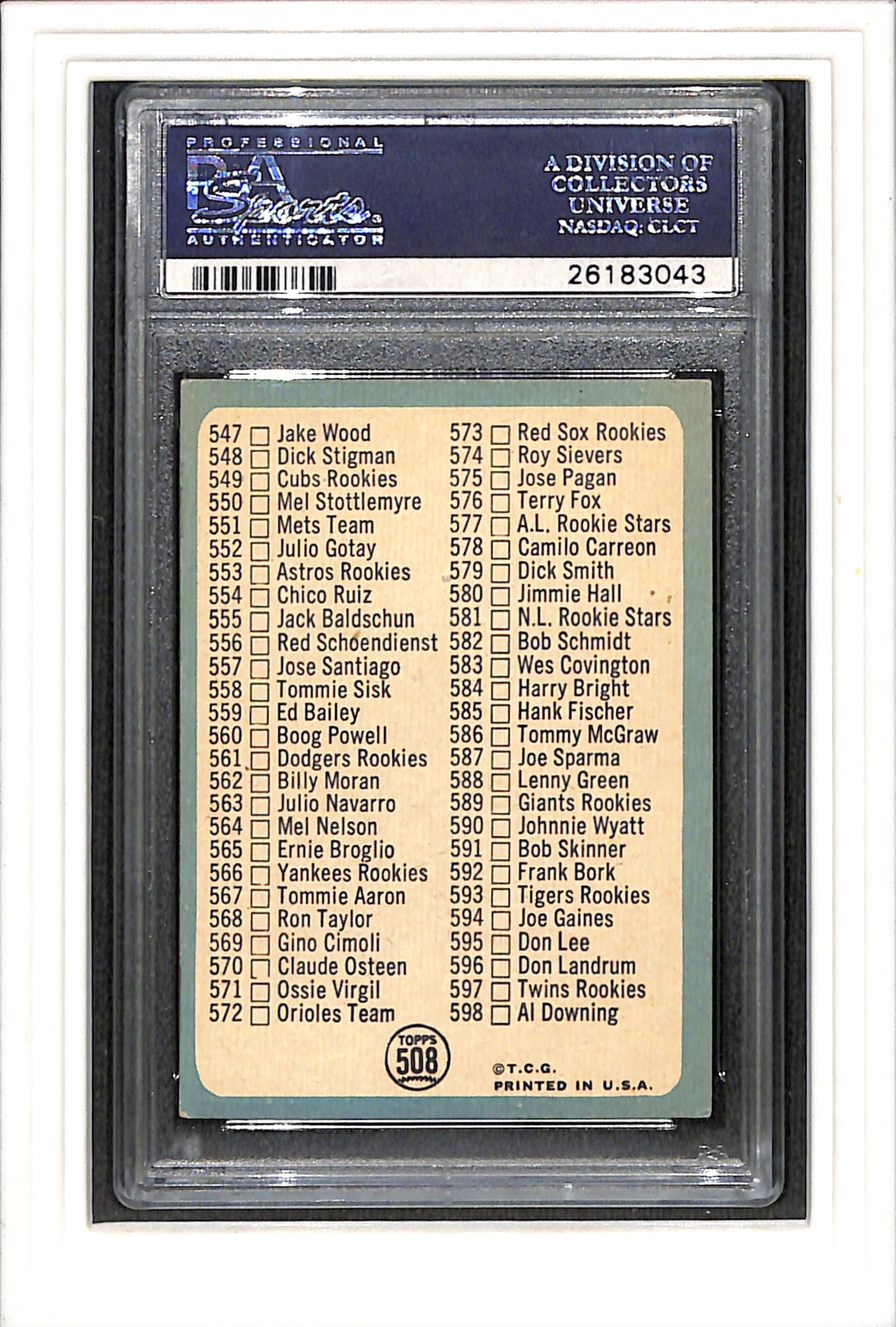 1965 Topps #508 Checklist 507-598 Small Print On Front PSA 5 SN 26183043