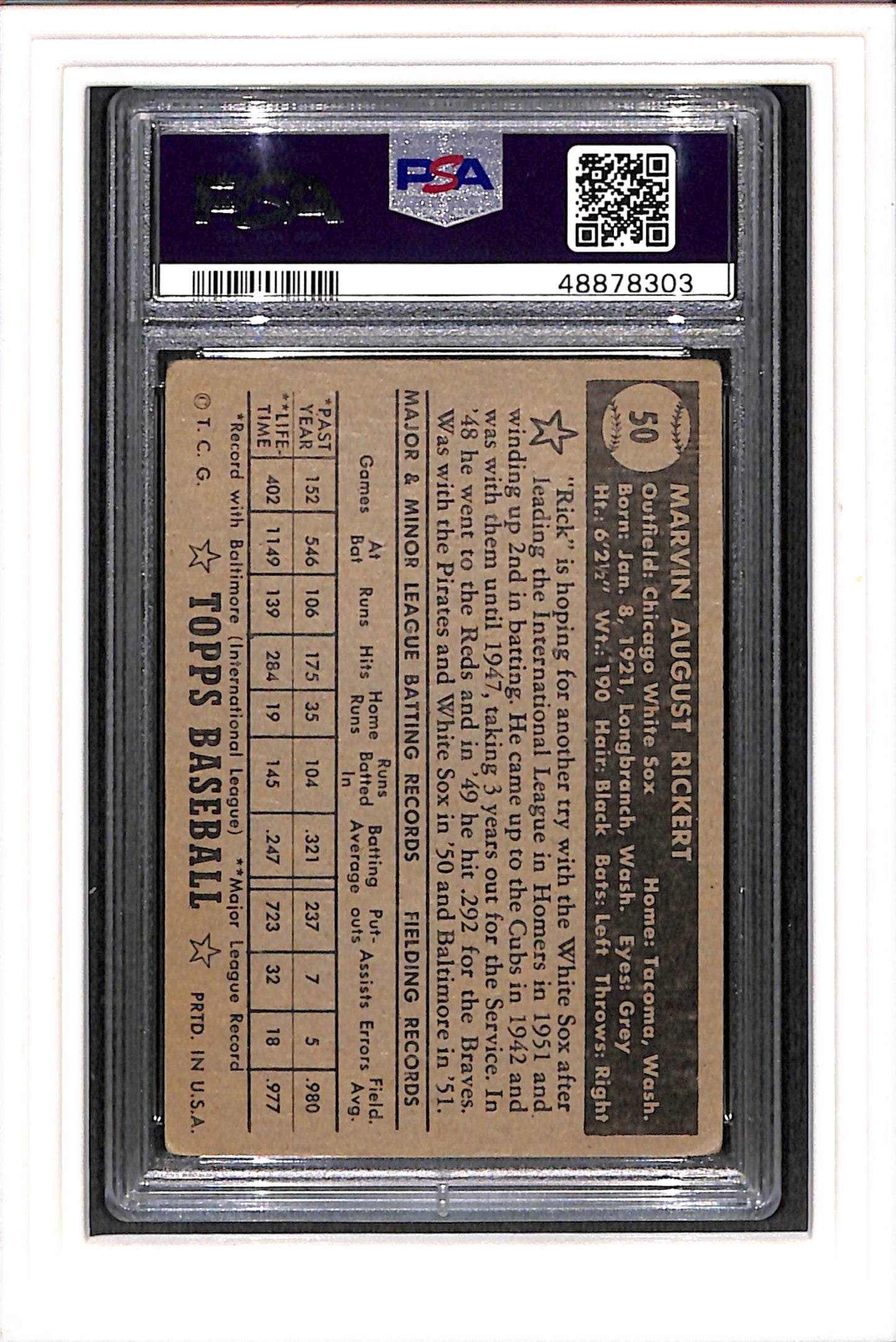 1952 Topps #50 Marv Rickert Black Back PSA 2.5 SN 48878303