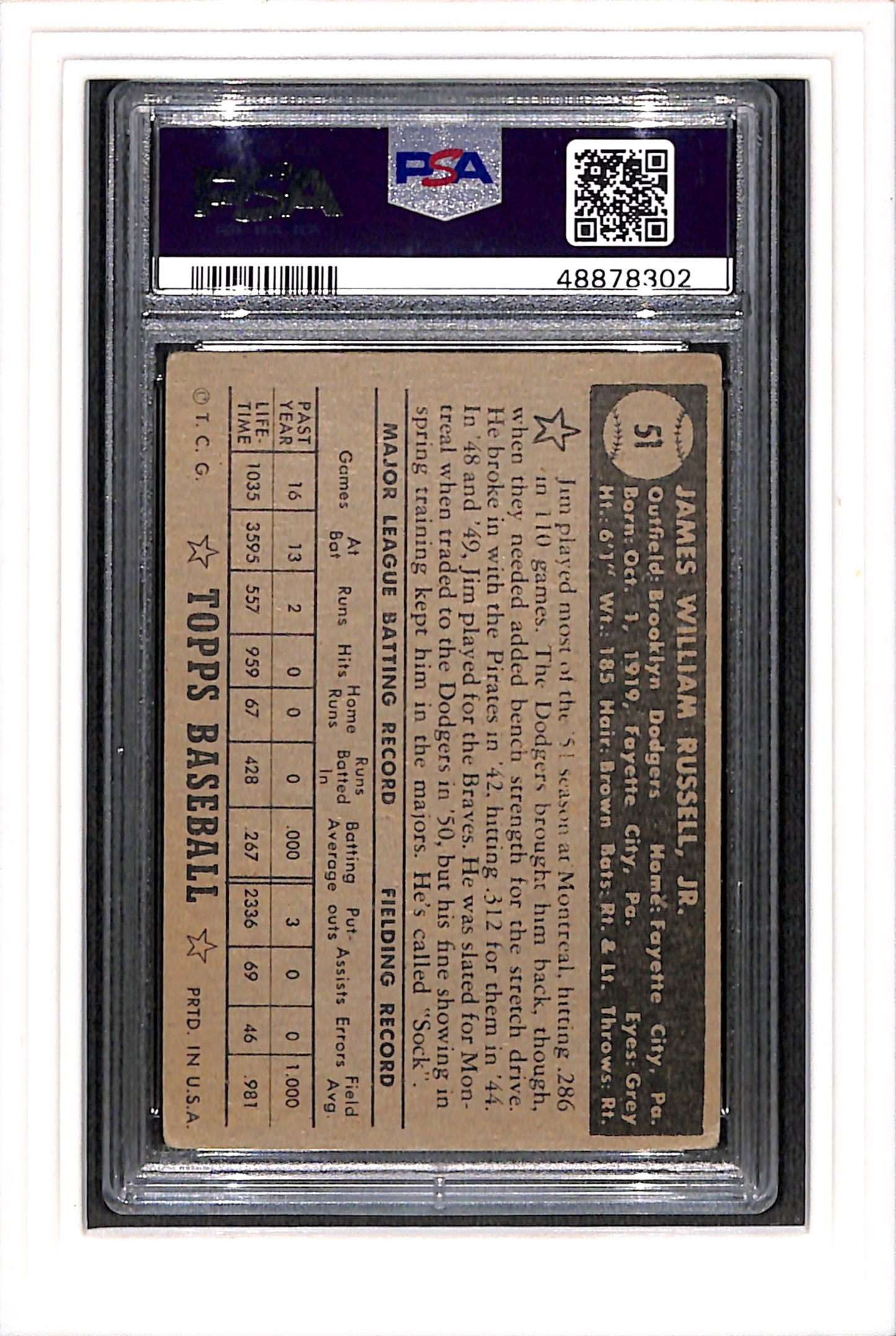 1952 Topps #51 Jim Russell Black Back PSA 3 SN 48878302