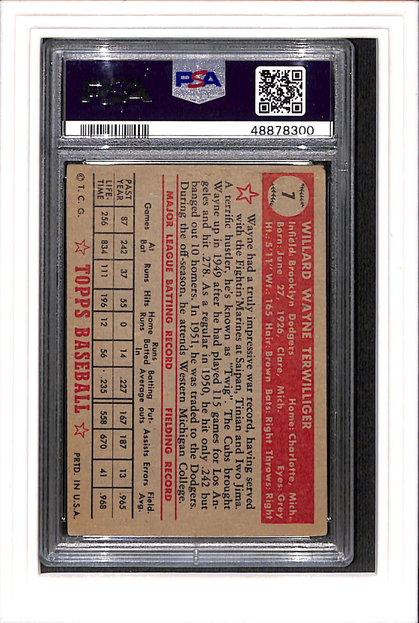1952 Topps #7 Wayne Terwilliger PSA 3.5 SN 48878300