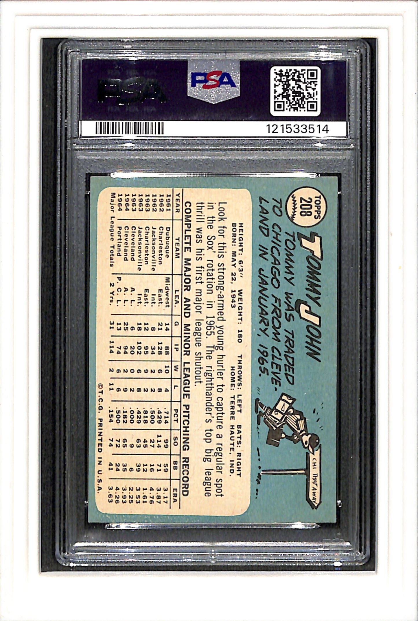 1965 Topps #208 Tommy John PSA 4 SN 121533514