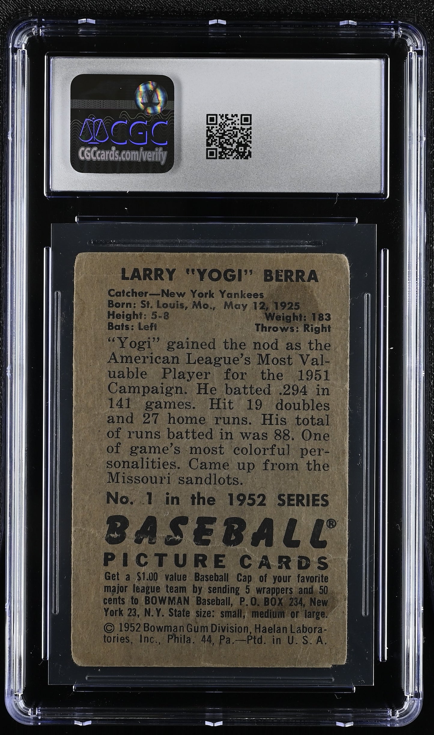 1952 Bowman #1 Yogi Berra CGC 1 SN 6127427024