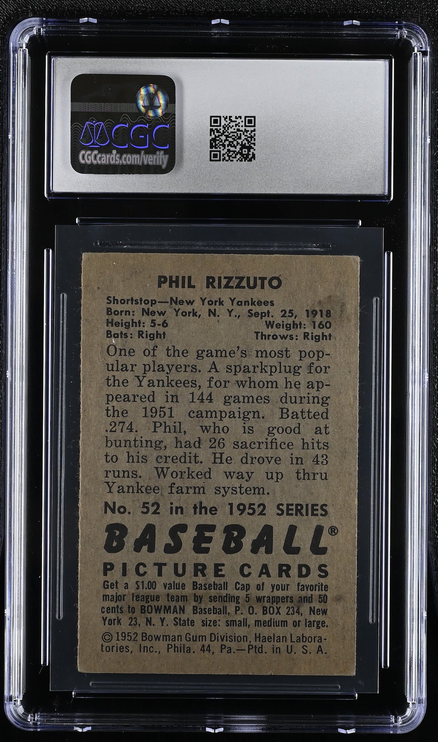 1952 Bowman #52 Phil Rizzuto CGC 3 SN 6127427026