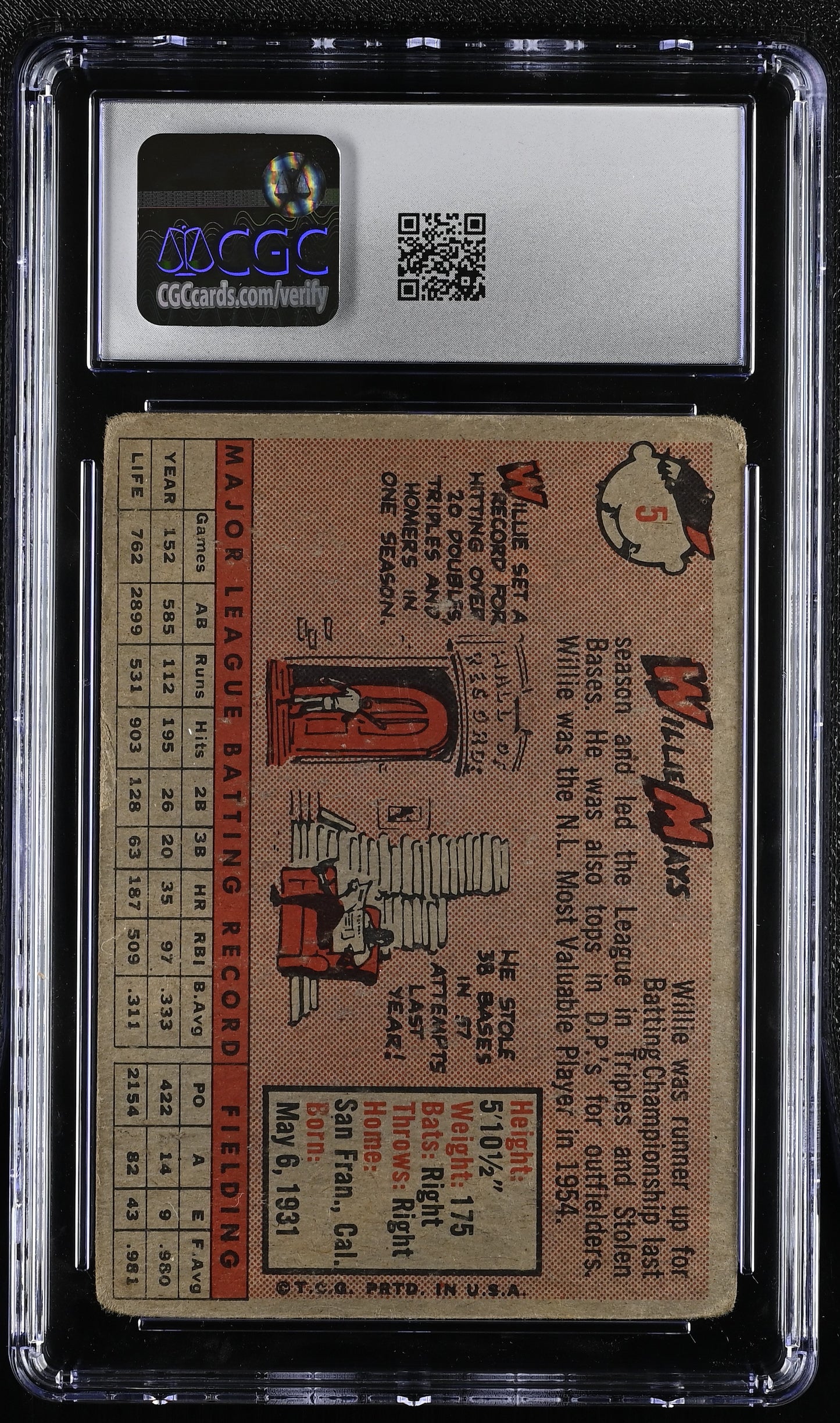 1958 Topps #5 Willie Mays CGC 1 SN 6127427034