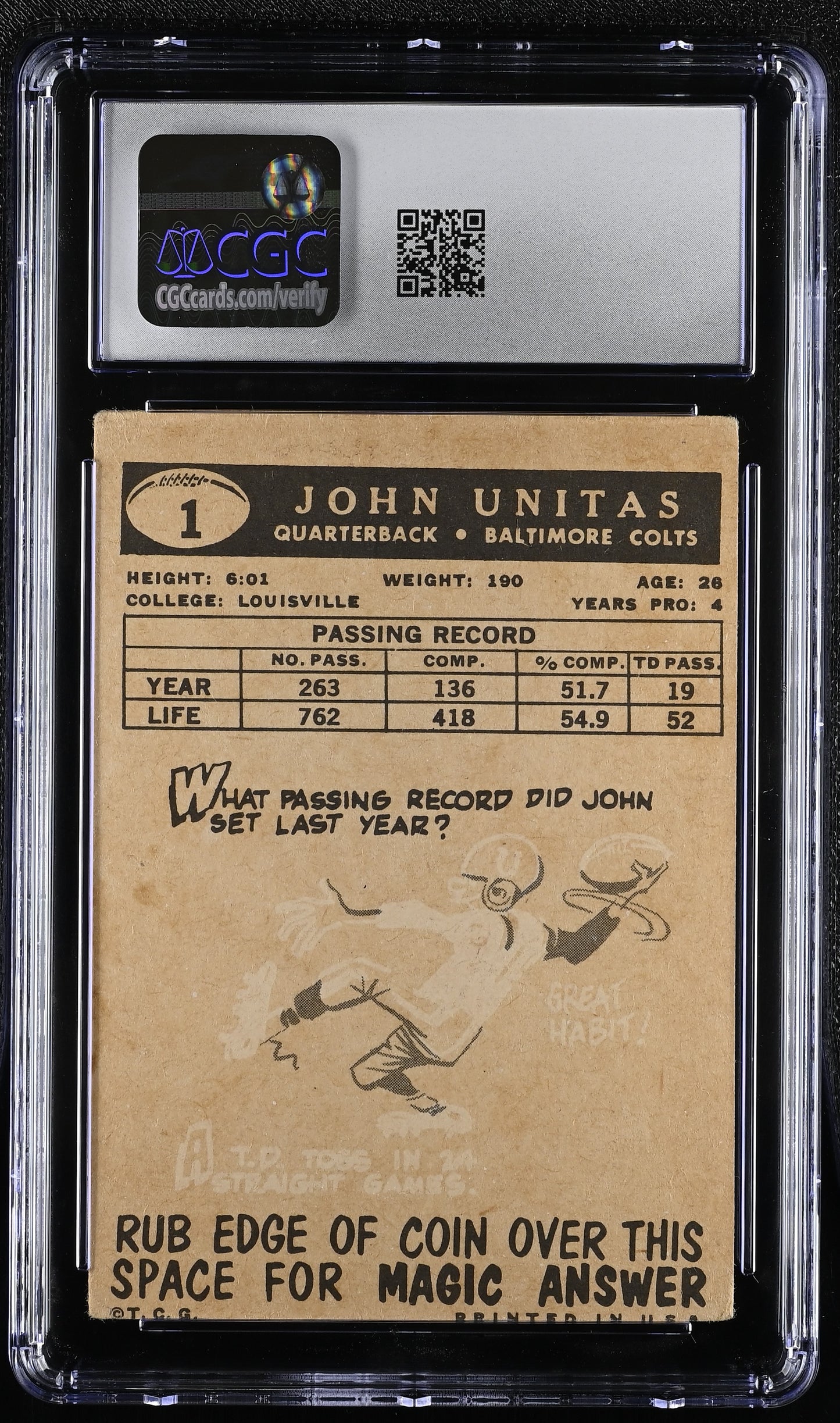 1959 Topps #1 Johnny Unitas CGC 3 SN 6127427009
