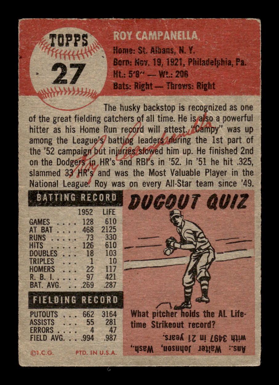 1953 Topps #27 Roy Campanella Brooklyn Dodgers F/G CS26014210