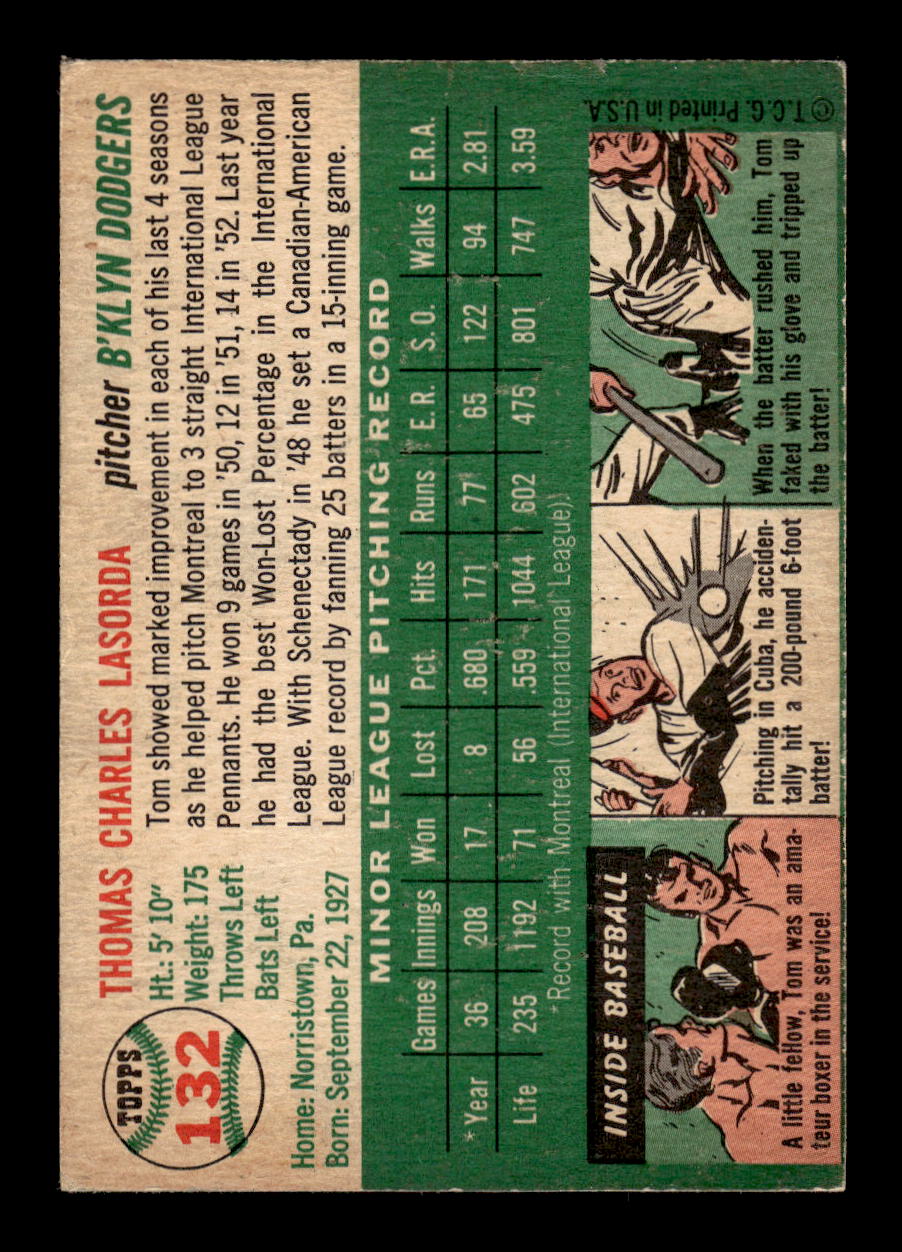 1954 Topps #132 Tom Lasorda Brooklyn Dodgers VG CS26014211
