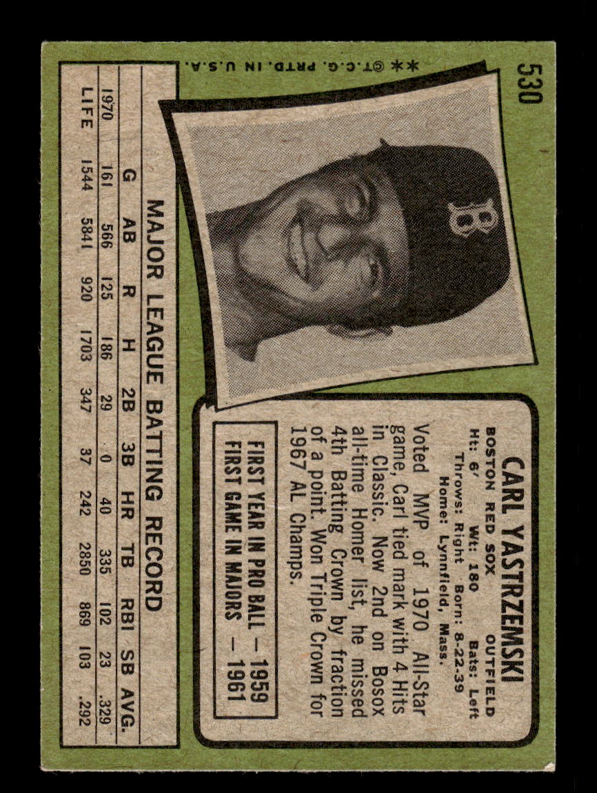 1971 Topps #530 Carl Yastrzemski Boston Red Sox VG CS26014218