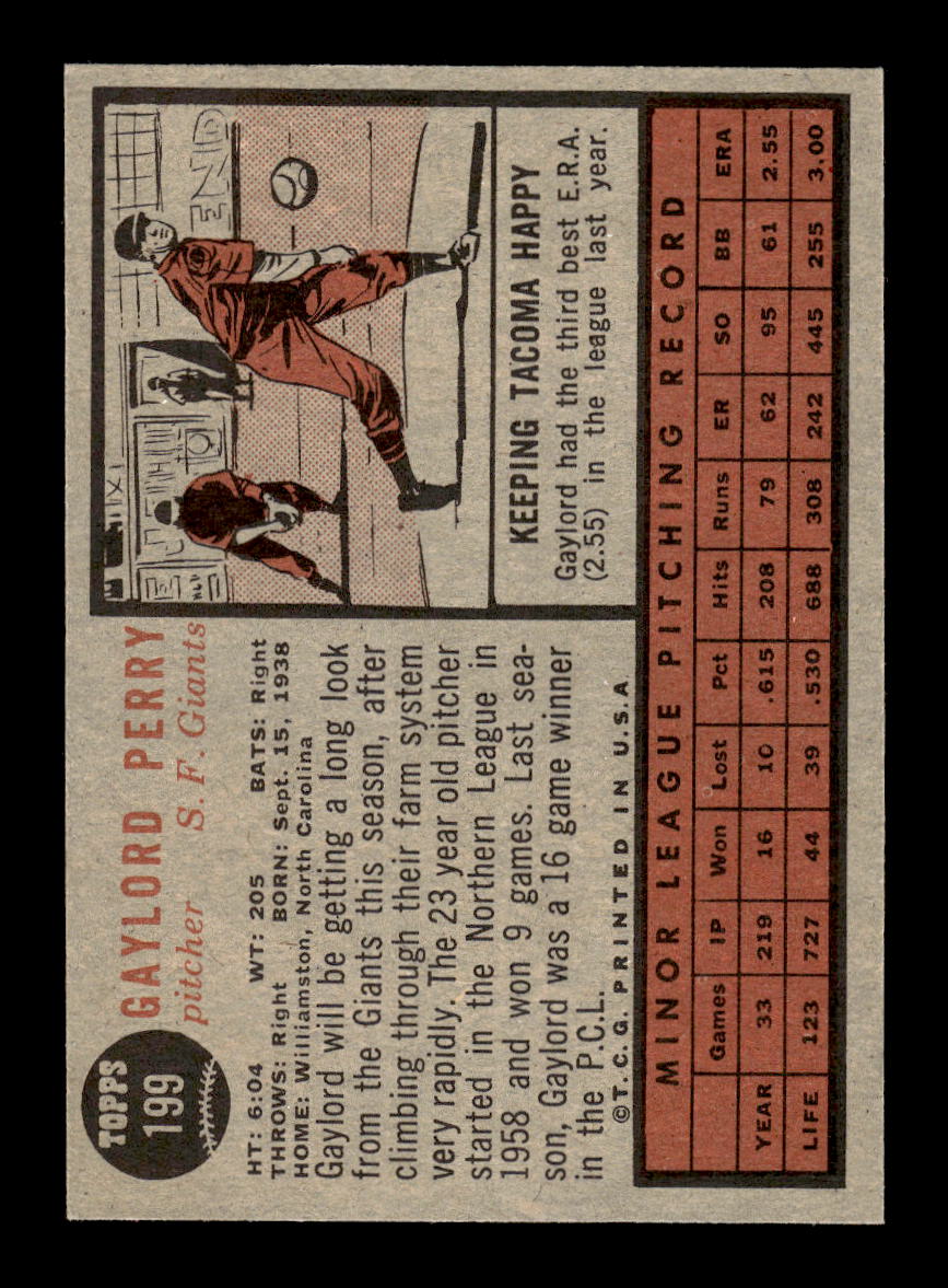 1962 Topps #199 Gaylord Perry San Francisco Giants EX CS26014229