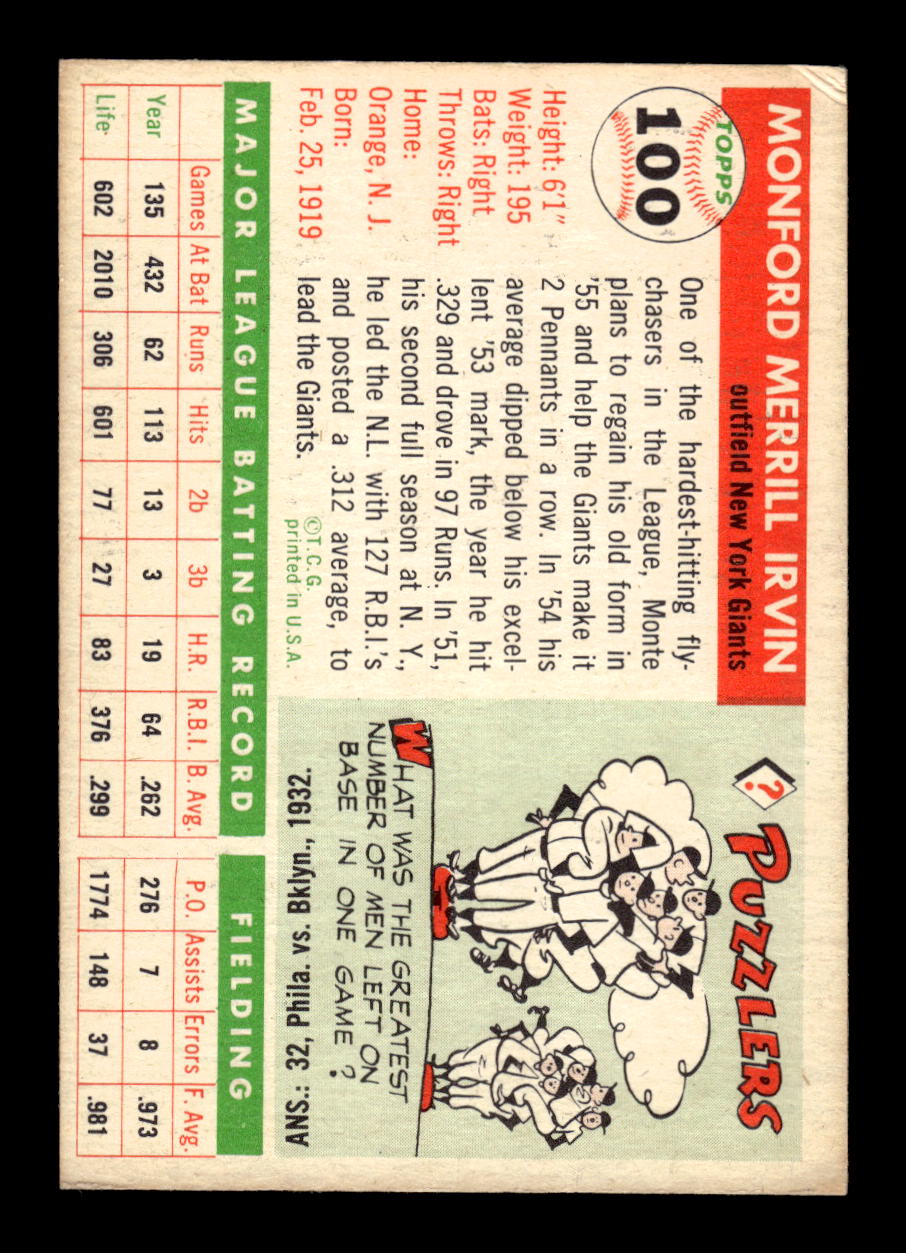 1955 Topps #100 Monte Irvin New York Giants EX CS26014235