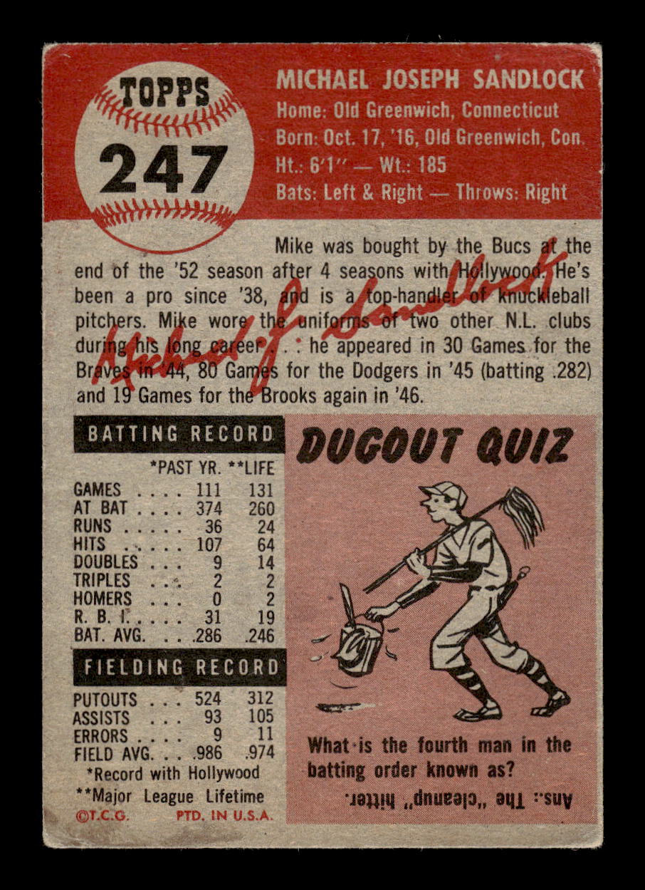 1953 Topps #247 Mike Sandlock Pittsburgh Pirates VG CS26014239