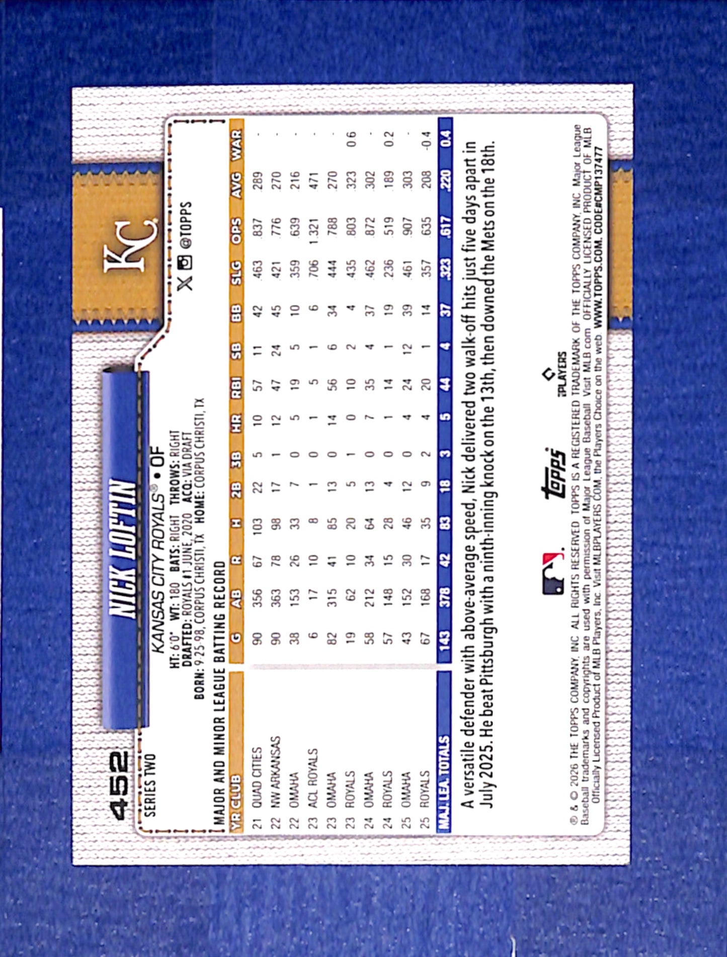 2026 Topps #452 Nick Loftin Kansas City Royals NMT CS26014381