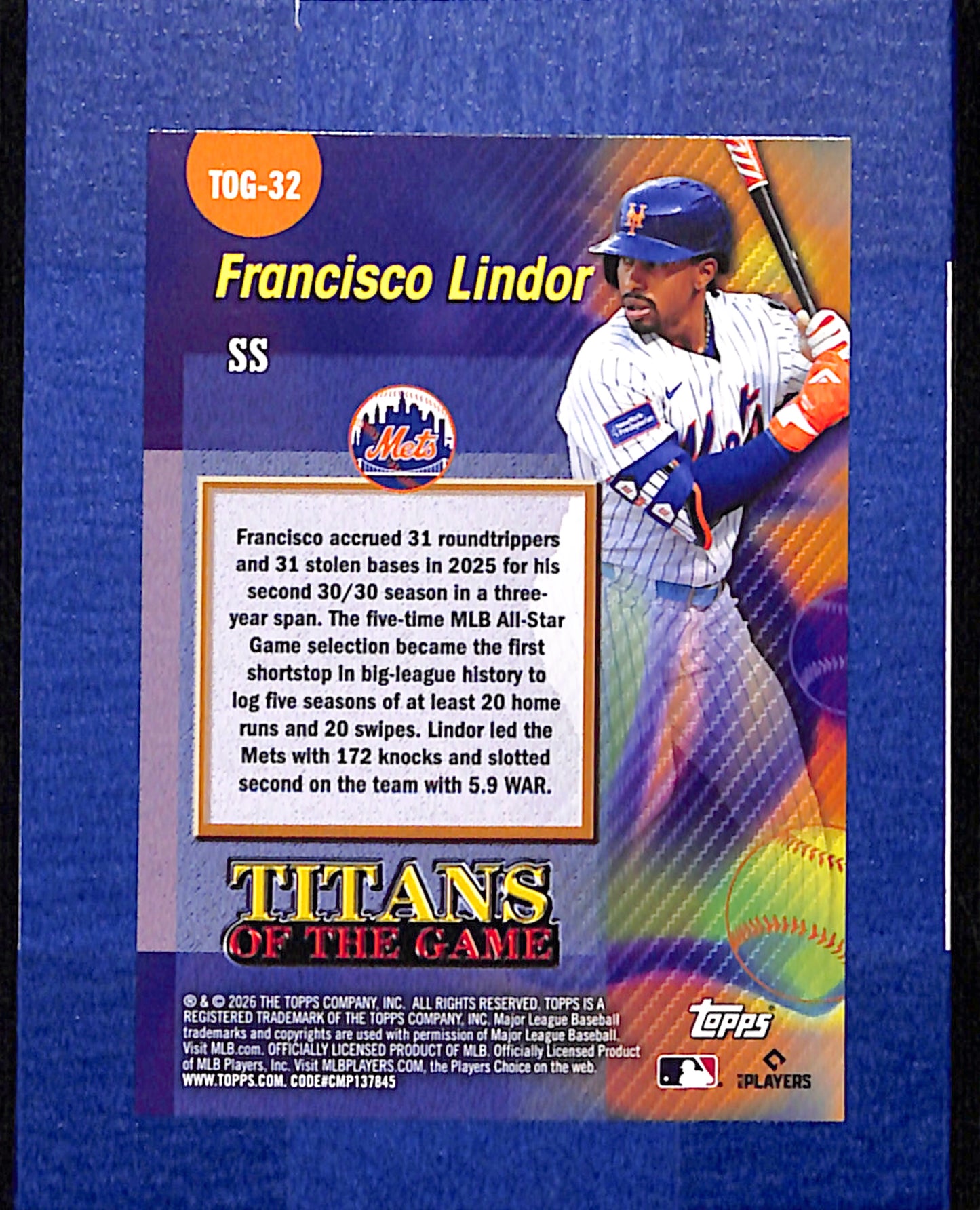 2026 Topps #TOG-32 Francisco Lindor New York Mets NMT CS26014384