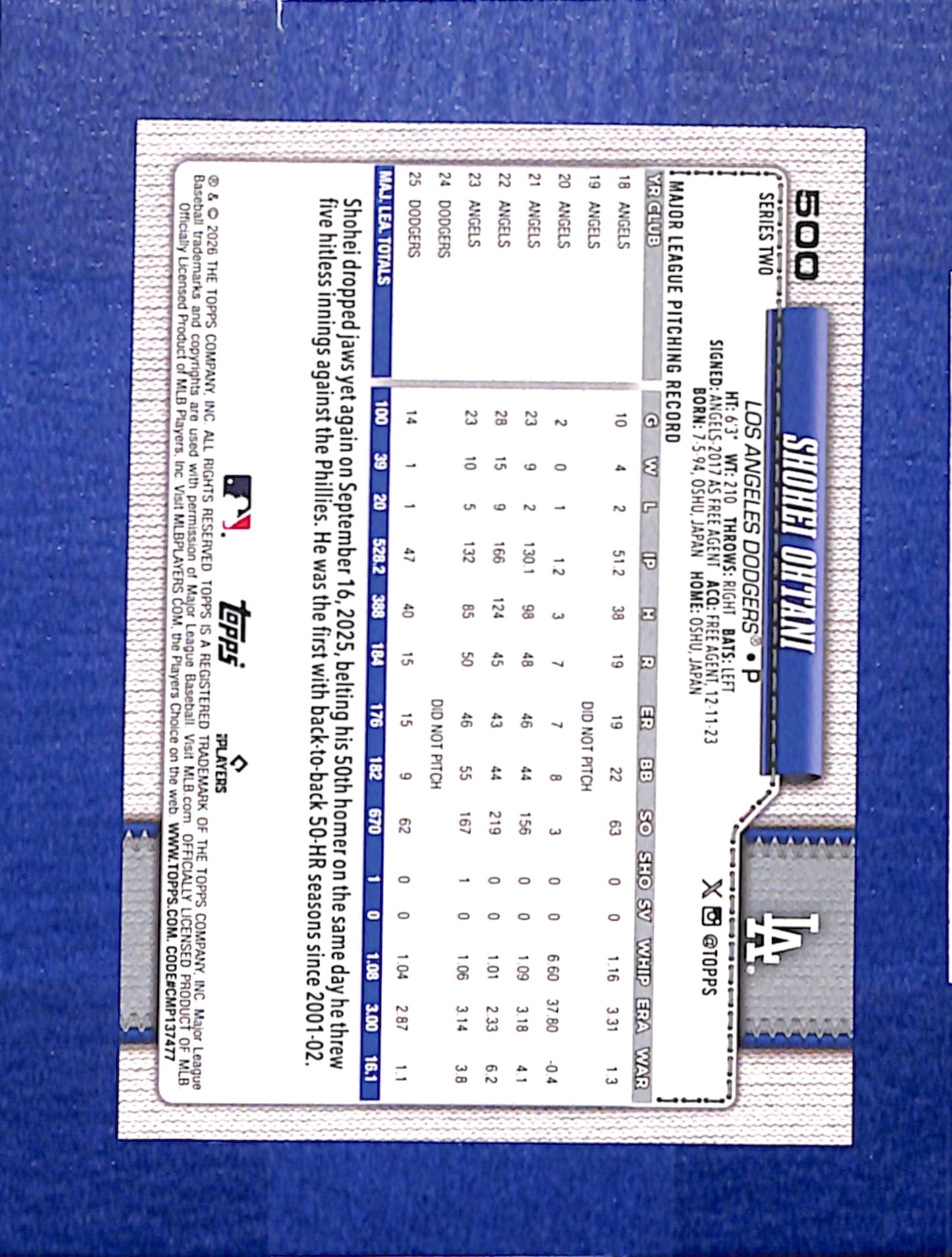 2026 Topps #500 Shohei Ohtani Los Angeles Dodgers NMT CS26014404