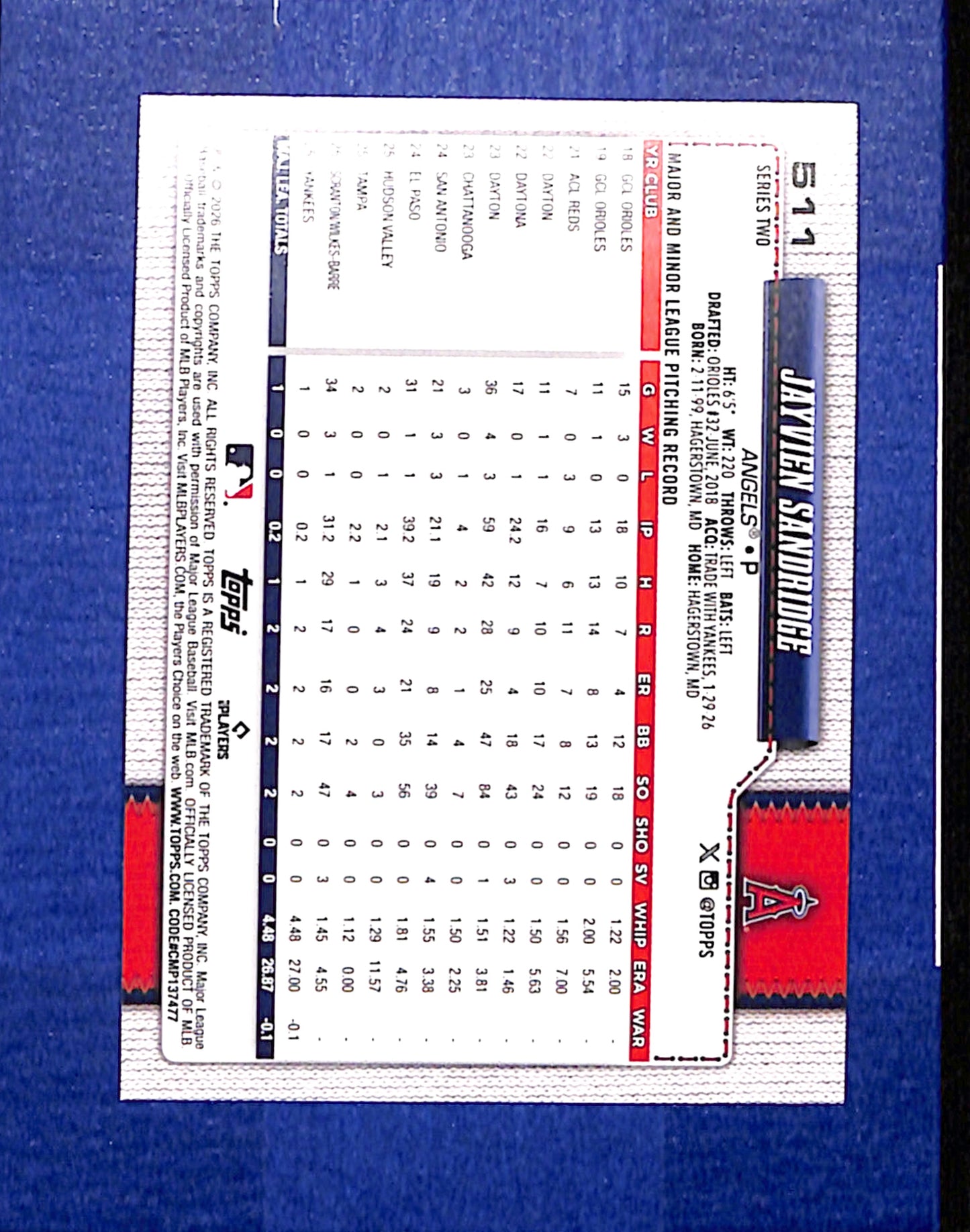 2026 Topps #511 Jayvien Sandridge Los Angeles Angels NMT CS26014405