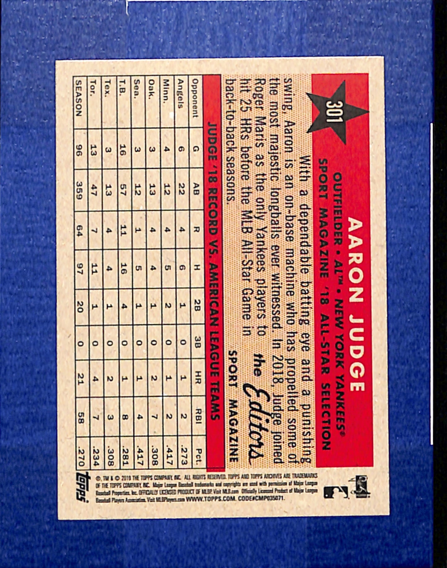 2019 Topps Archives #301 Aaron Judge New York Yankees NMT CS26014411