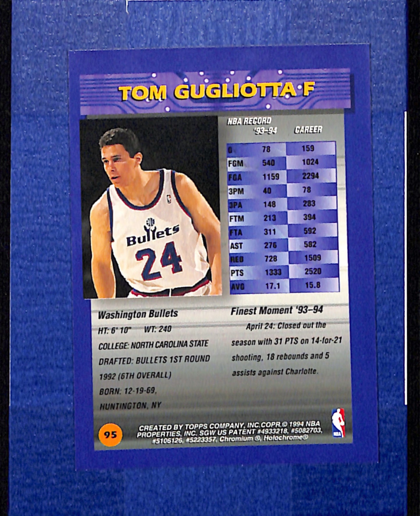 1994-95 Finest #95 Tom Gugliotta Washington Bullets Refractor NMT CS26014418