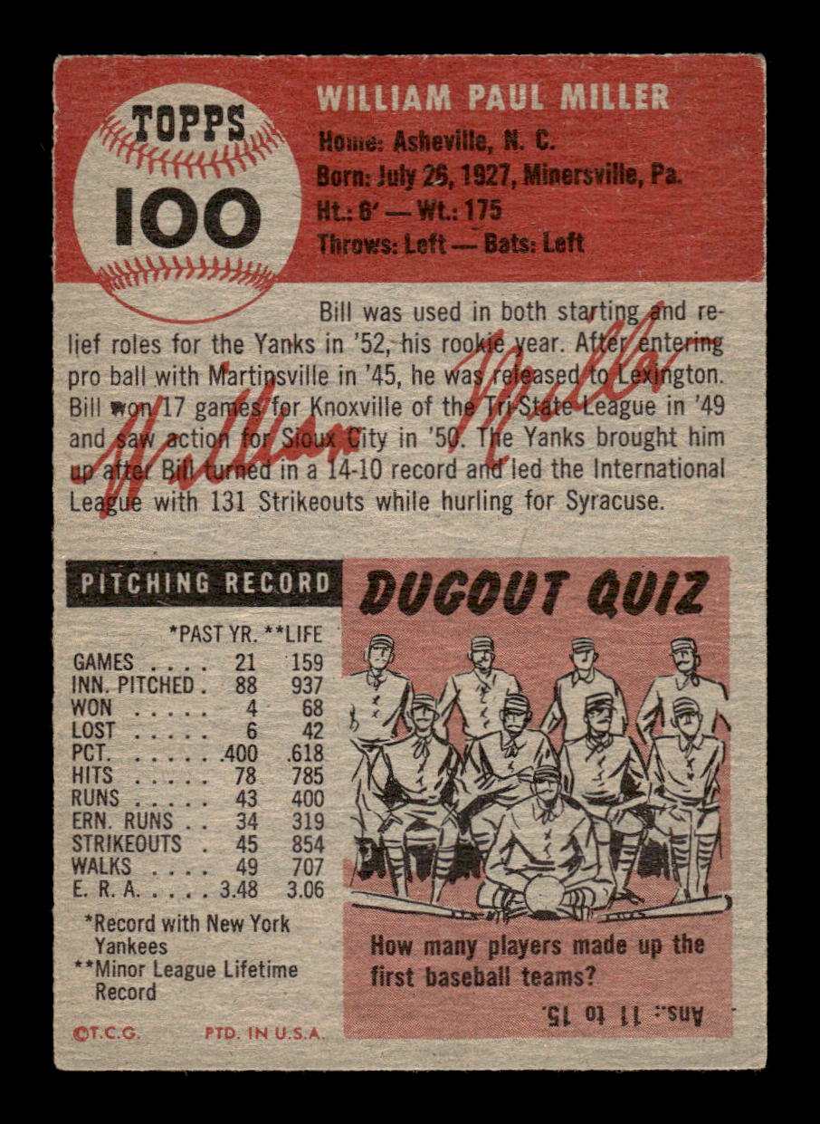 1953 Topps #100b Bill Miller New York Yankees VG CS26014441