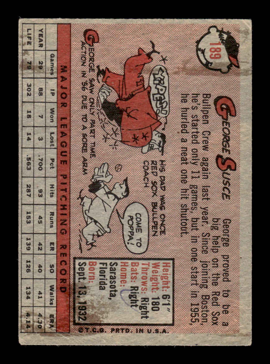 1958 Topps #189 George Susce Boston Red Sox VG CS26014445